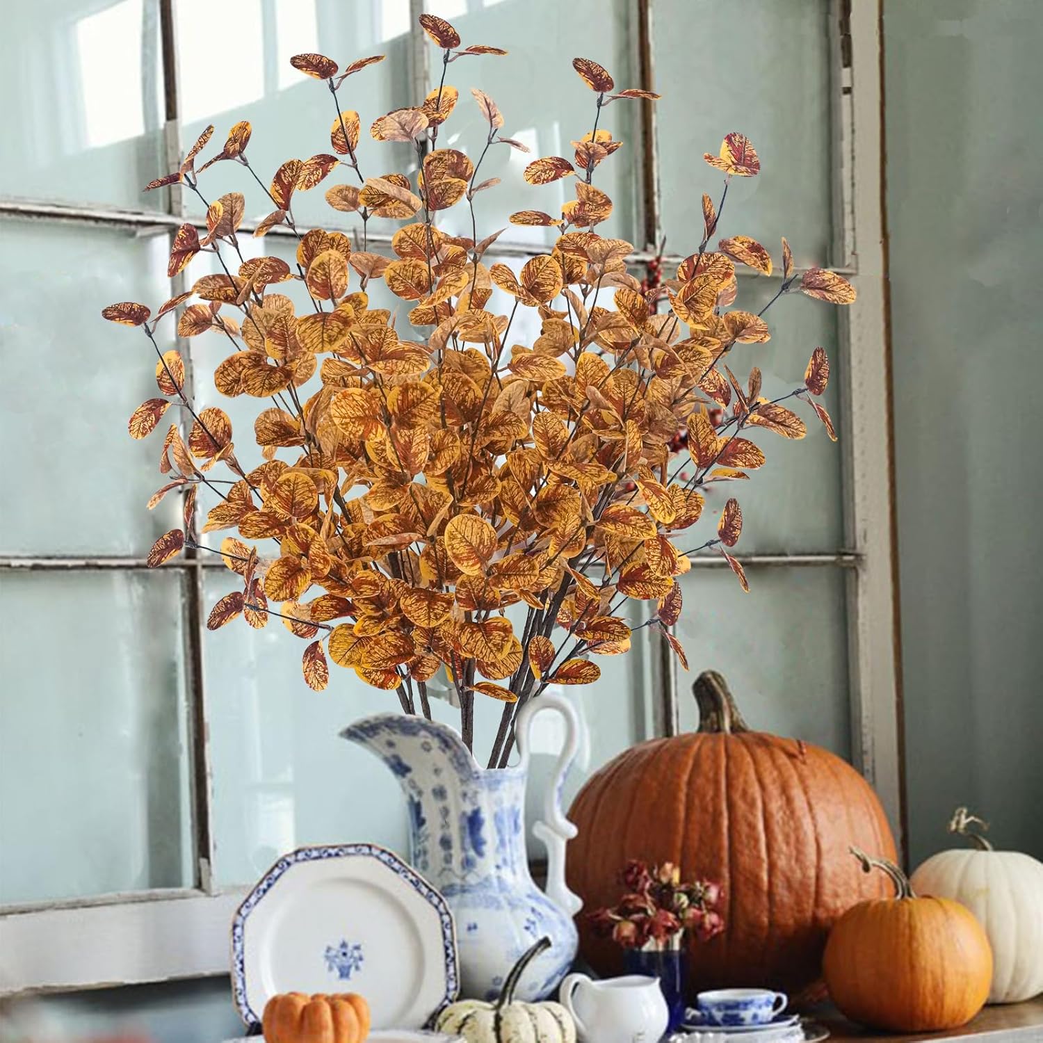 unlemoni 6 tallos de eucalipto artificiales de otoño, hojas de decoración de otoño, ramas de eucalipto falsas de seda para florero, boquets, otoño,