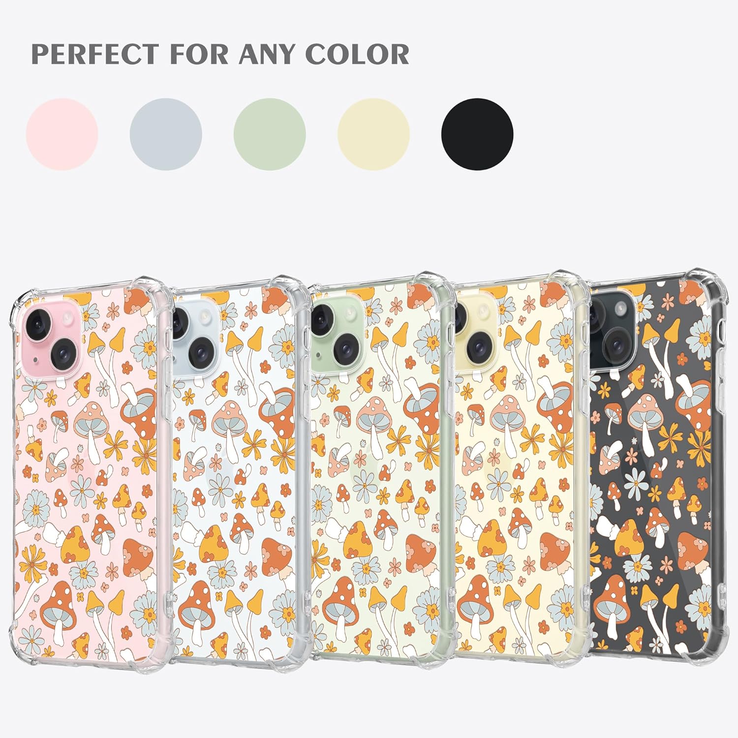 Funda transparente con diseño floral de hongos hippie retro diseñada para iPhone 15, diseño bohemio de hongos y flores, a la moda para niñas y