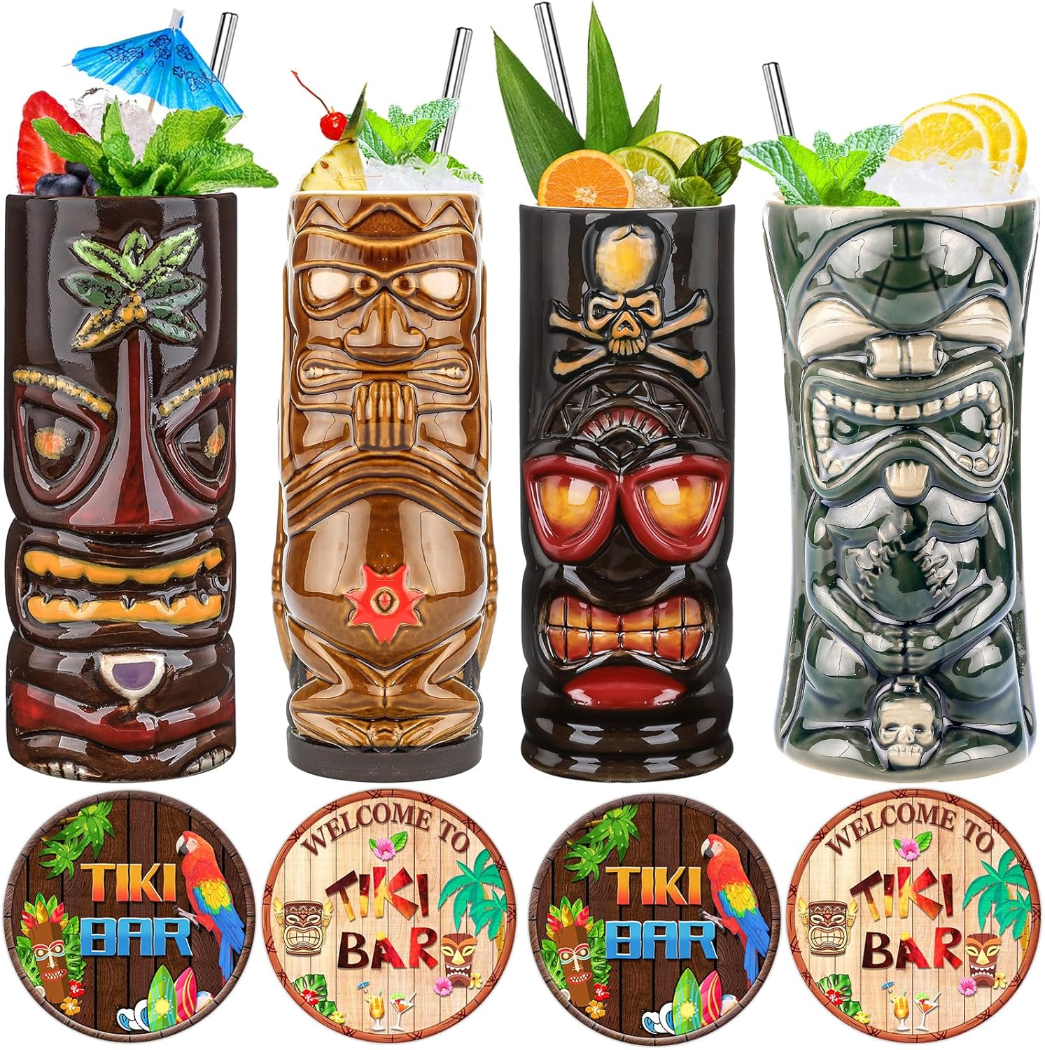 Juego de 4 tazas Tiki de cerámica grandes Tiki tazas hawaianas Luau para fiestas, tazas Tiki Bar para cócteles