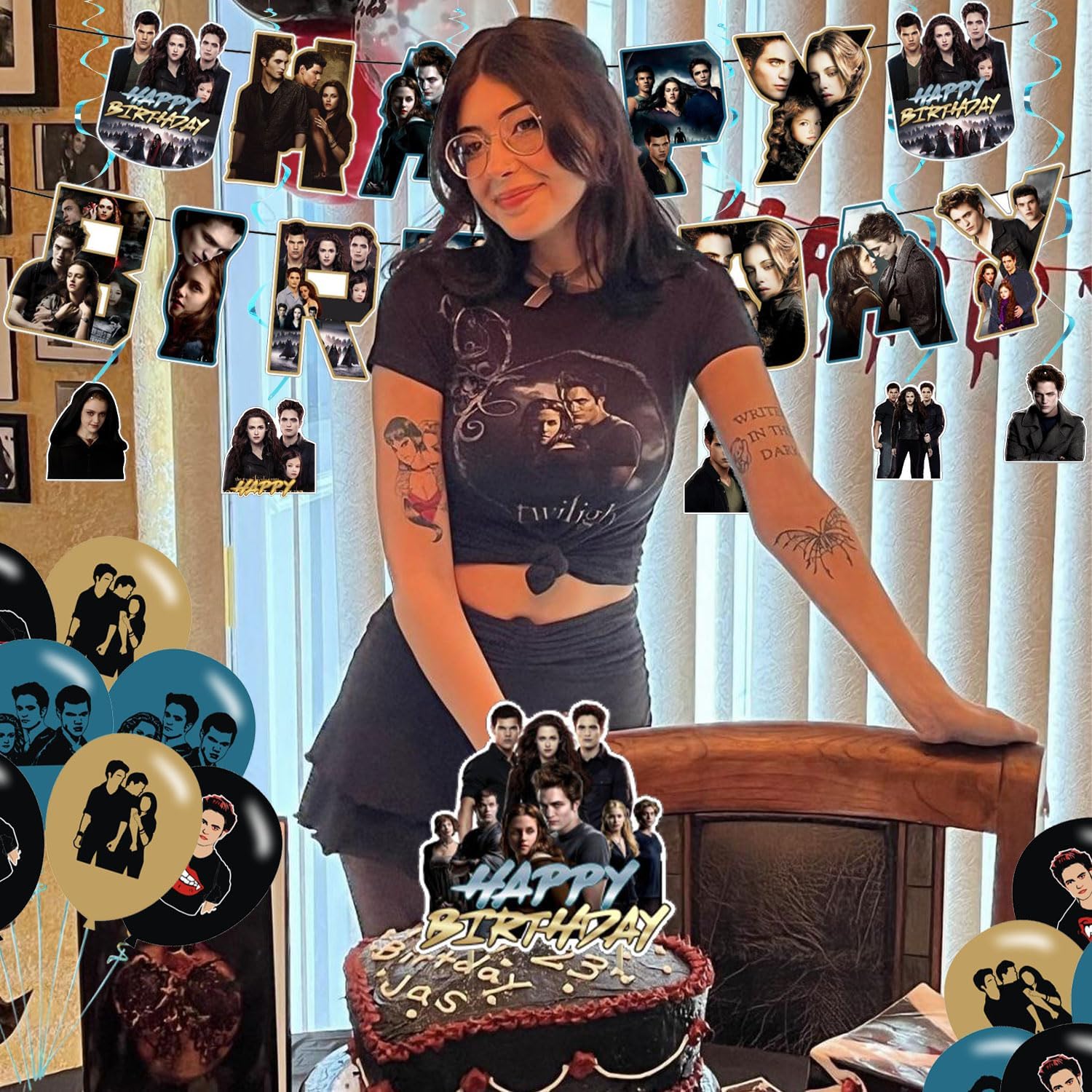 Decoración de fiesta, incluye pancarta de cumpleaños de la saga de crepúsculo, globos de látex para fiesta de saga de pasteles, remolinos para