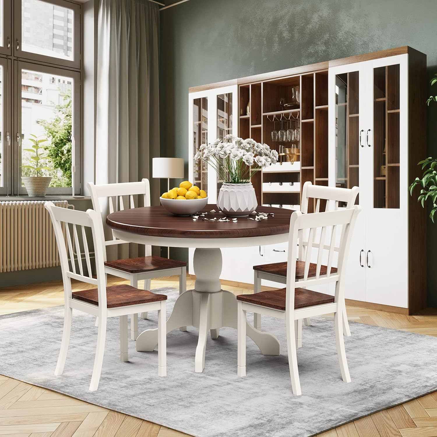 POWERSTONE Juego de 4 sillas de comedor, sillas de comedor de madera con asiento en forma de W, sillas de cocina para cocina y comedor (blanco)