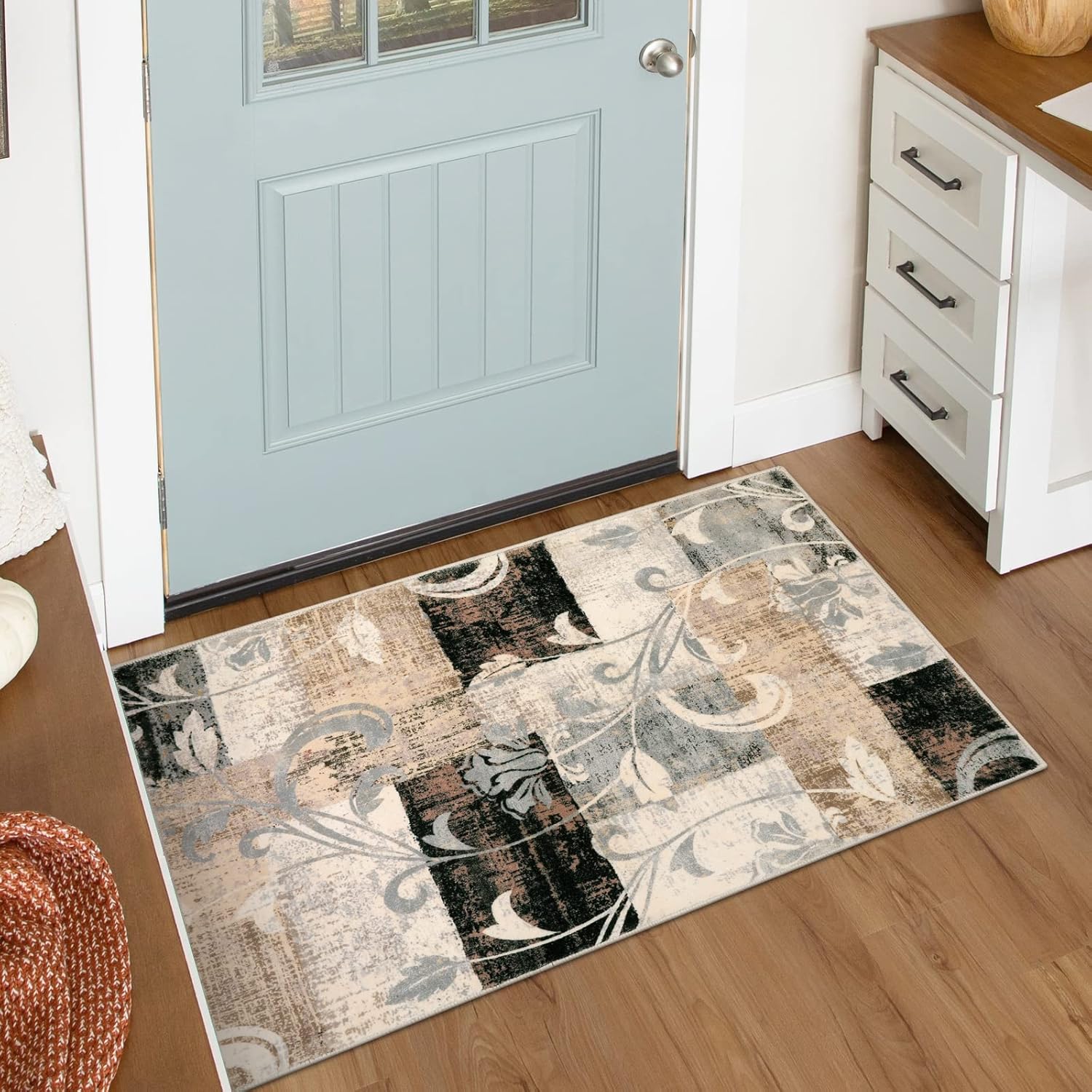 Lahome Alfombra moderna geométrica pequeña, lavable, suave, de 2 x 3 pies, para entrada, antideslizante, diseño de retazos florales, envejecida,