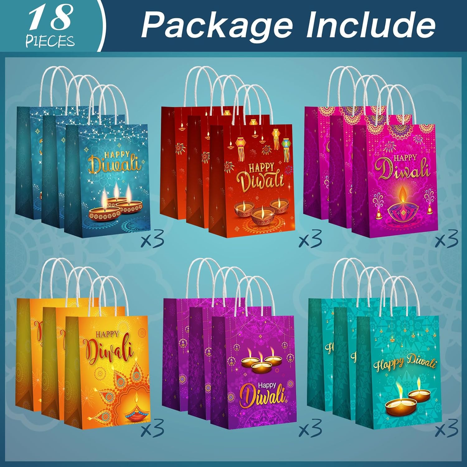 Cholemy 18 bolsas de papel Diwali Happy Diwali con asas, bolsas de regalo de fiesta Diwali, bolsas de regalo de papel de seda, bolsas de dulces