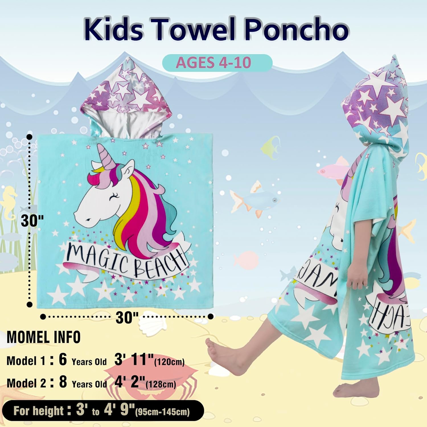 growell Toallas de playa con capucha para niños  Toalla de baño para niños y niñas de 4 a 10 años, toallas de piscina para niños, de secado rápido,