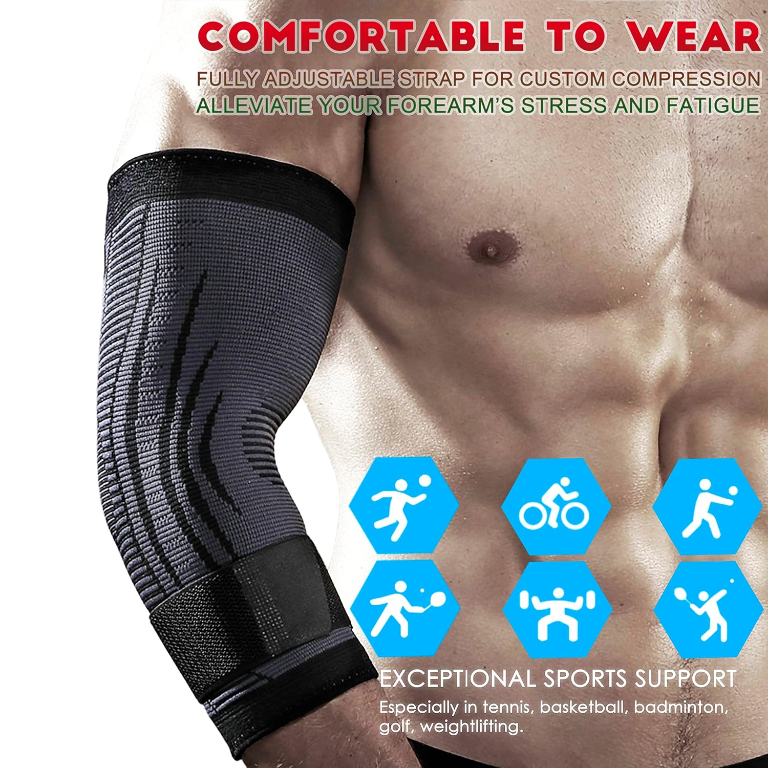 HiRui Paquete de 2 coderas para hombres y mujeres, coderas de compresión con correas ajustables, codo de tenis, tratamiento de codo de golfista,