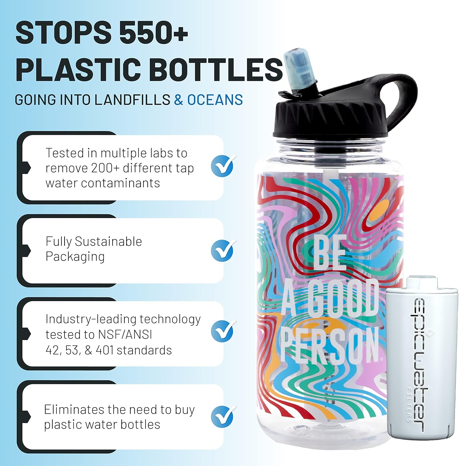 Epic Water Filters Botella de agua Nalgene OG Sustain Tritan fabricada en Estados Unidos y filtro de 75 galones, elimina el 99.99% de las impurezas