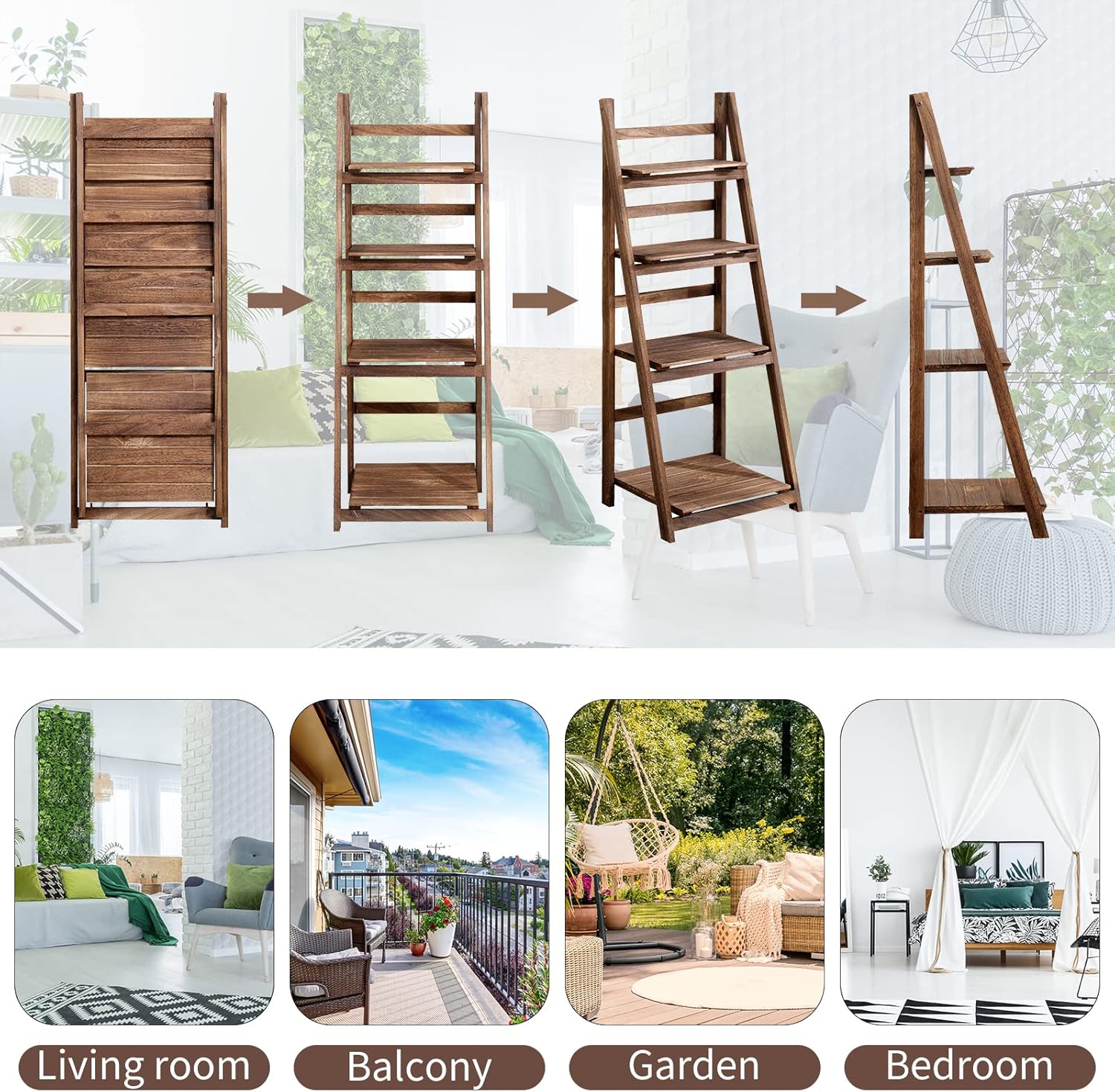 ECOMEX Estante de escalera de 4 niveles, estante de escalera de madera de 4 niveles, estante de escalera plegable rústico para almacenamiento para
