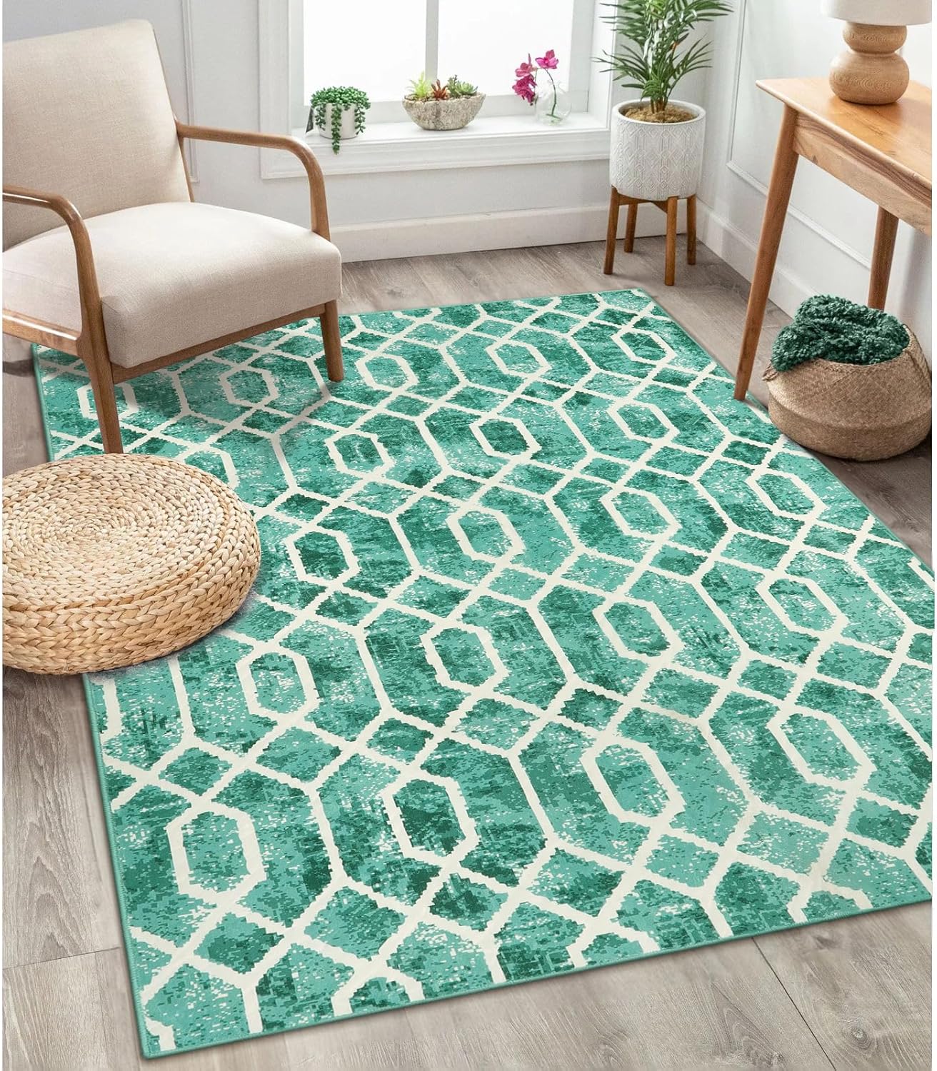 Lahome Alfombra de área lavable para dormitorio, alfombra verde para sala de estar, alfombra de 4 x 6 pies con enrejado geométrico, contemporánea,