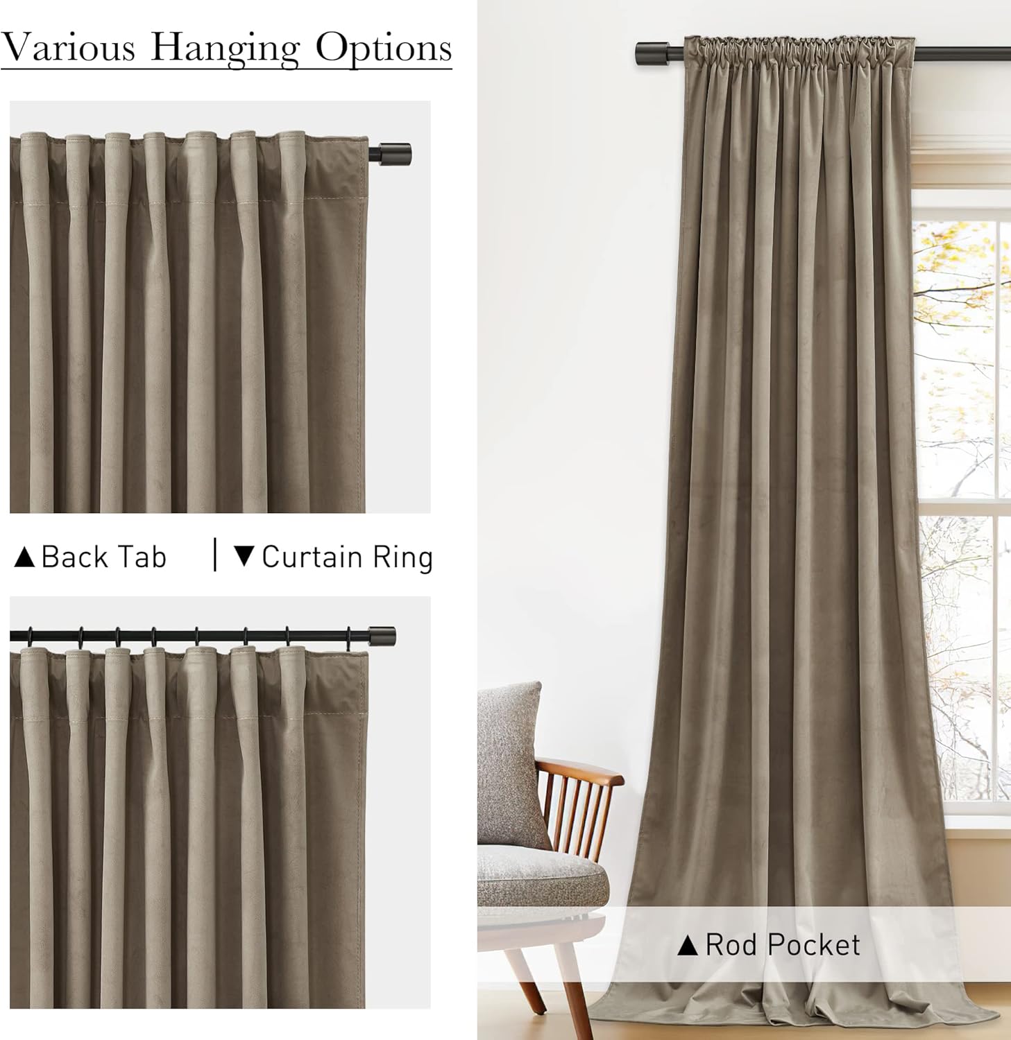 StangH – Cortinas de terciopelo gruesas con aislamiento térmico para oscurecer la habitación, para dormitorio, comedor, sala de estar, con pestaña