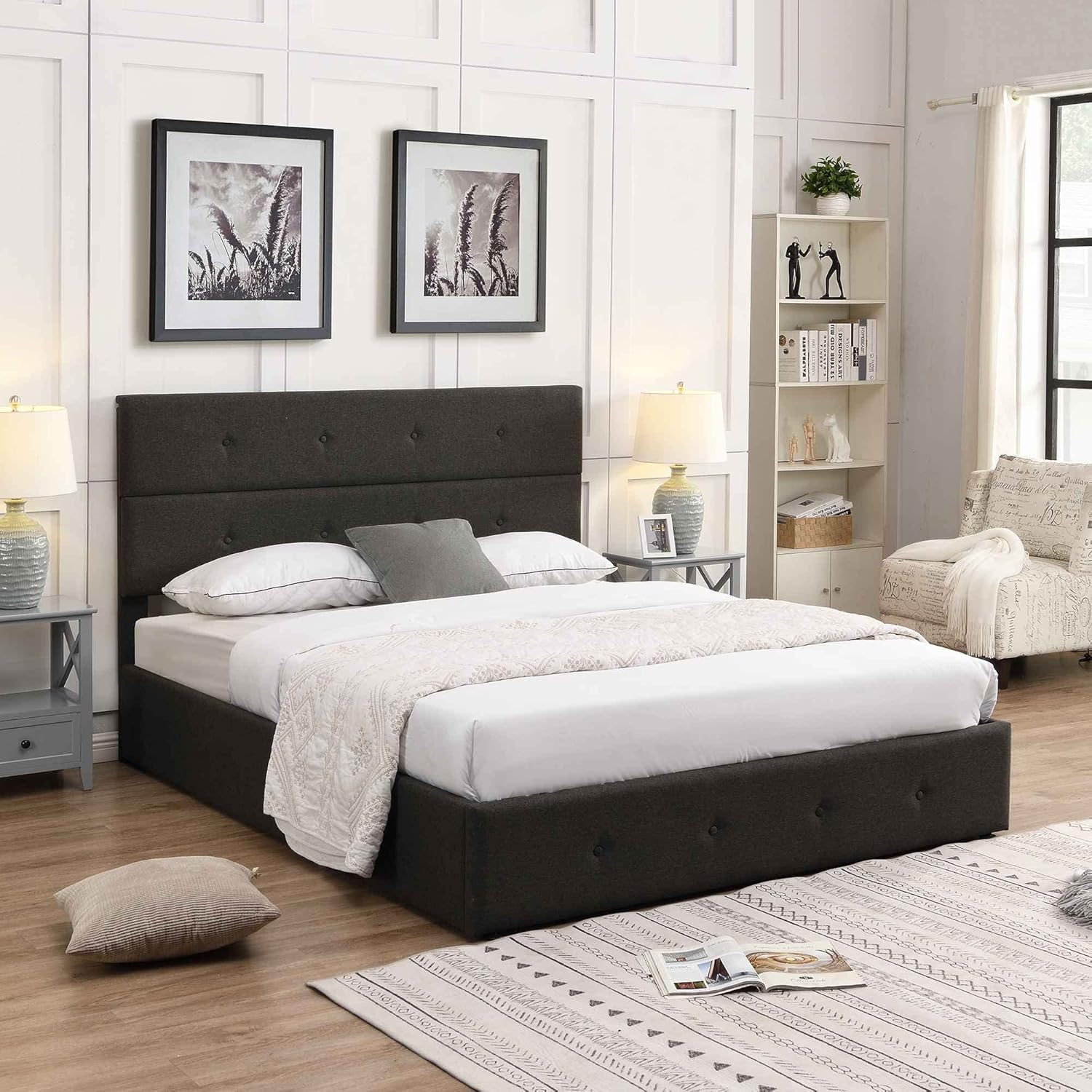 Cama tapizada de plataforma tamaño Queen con almacenamiento en la parte inferior, marco de cama de madera con cabecera copetuda, perfecta para