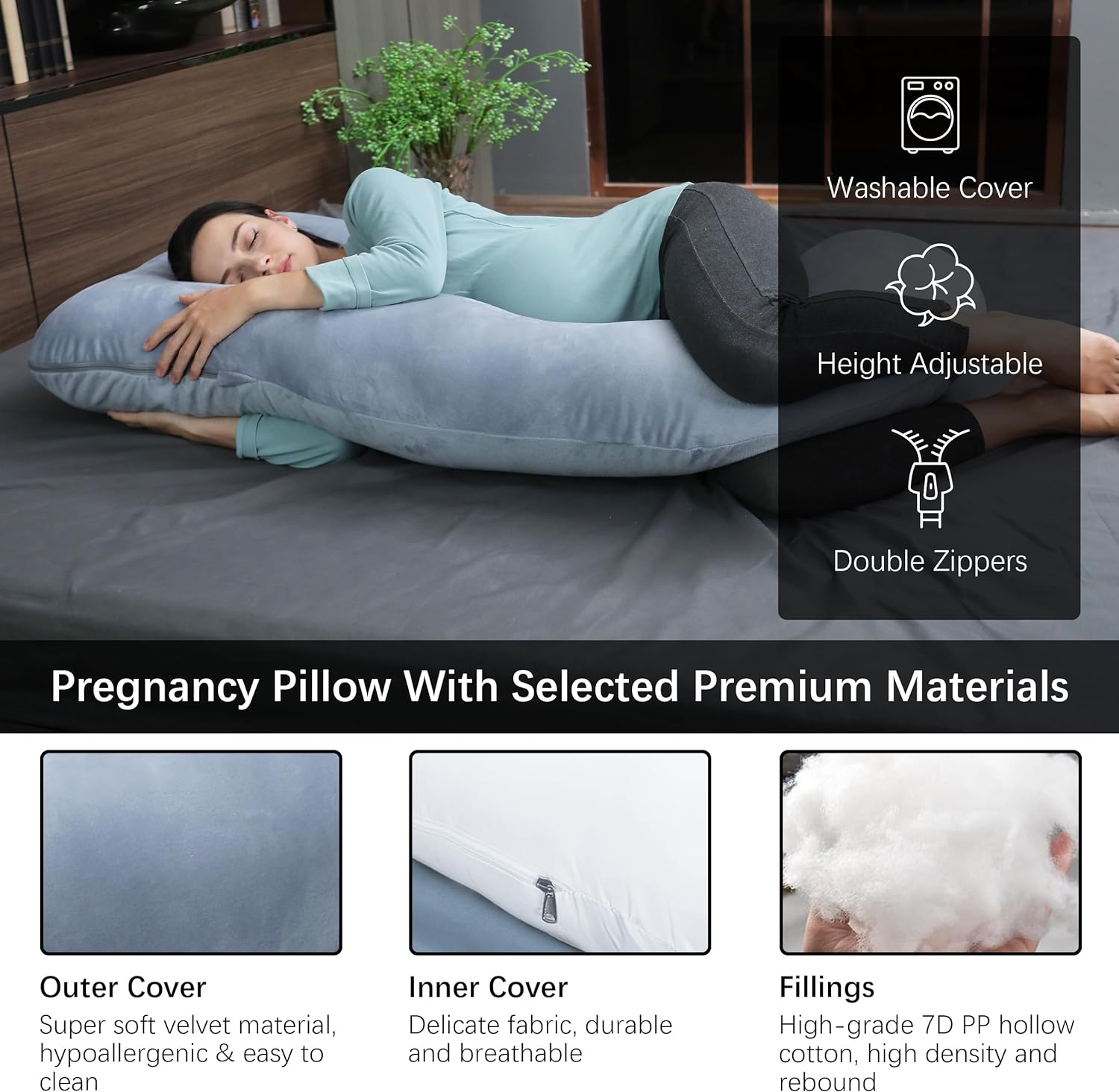 MOON PARK Almohadas de embarazo para dormir, almohada de maternidad de cuerpo completo en forma de U con funda extraíble, soporte para espalda,