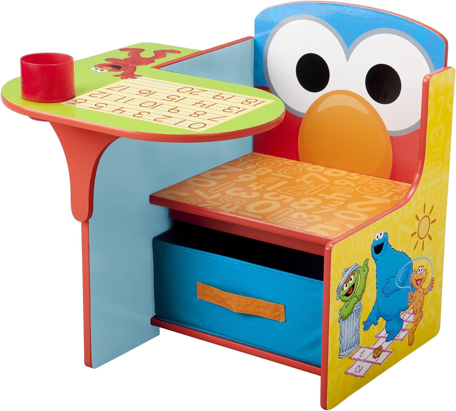 Delta Children Escritorio con silla con contenedor de almacenamiento + estantería de madera de 4 estantes para niños, Plaza Sésamo (paquete)