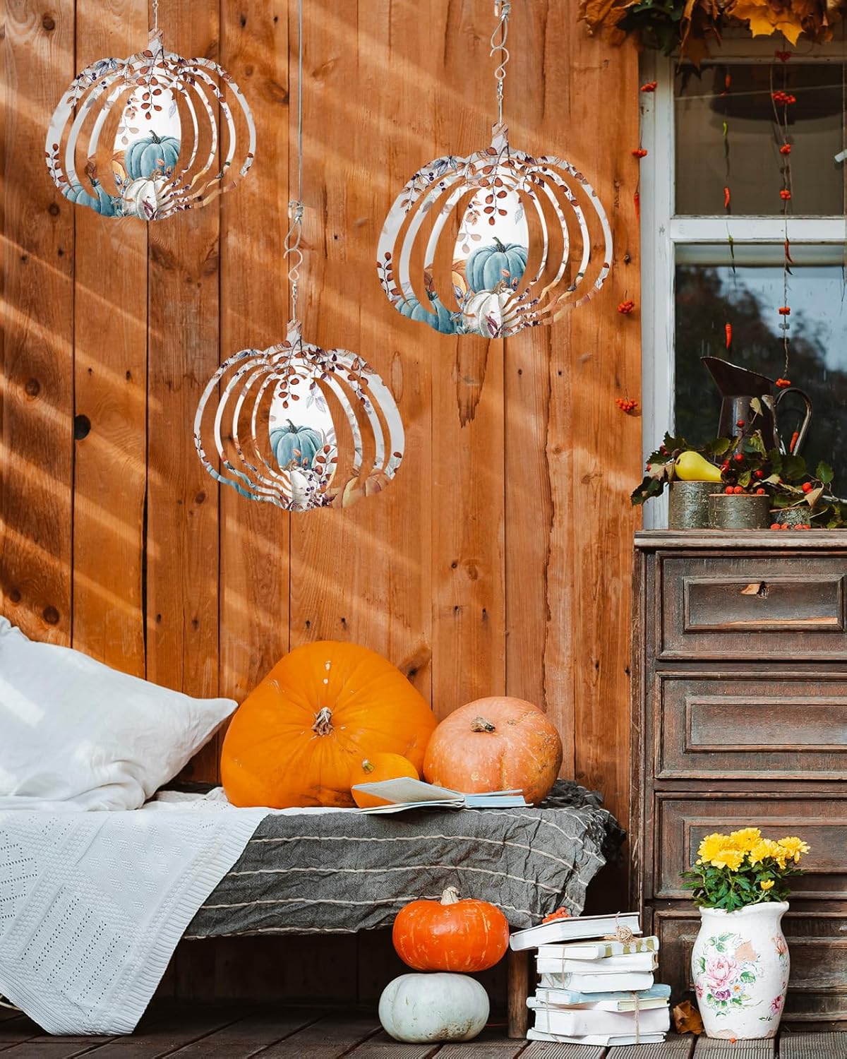 Molinillo de viento de otoño, calabaza, hoja de eucalipto, de acero inoxidable, para patio y jardín, acuarela, calabaza, esculturas de viento, 8
