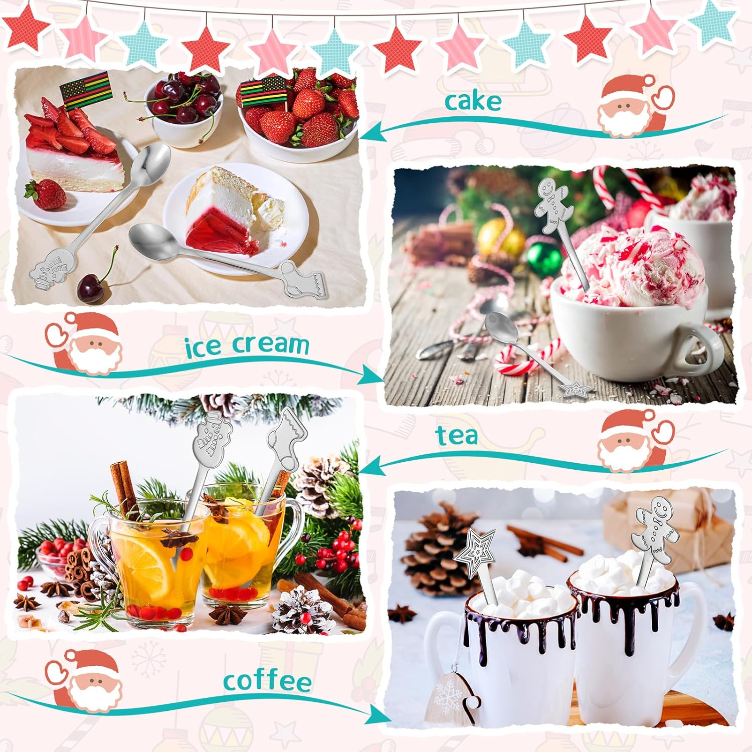 Gerrii 100 cucharas de Navidad de acero inoxidable, cuchara agitadora creativa para mezclar café, cucharas de té, mini cucharas de postre para