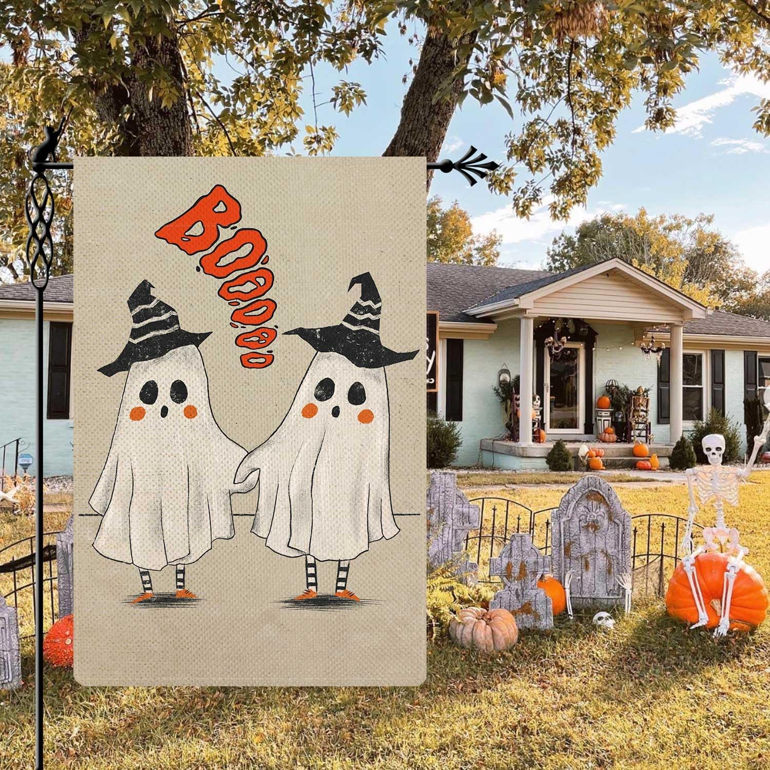 Jauageon Bandera de jardín de fantasmas de Halloween, espeluznante Samll, bandera de jardín, fantasma aterrador, vertical, de doble cara, rústica,