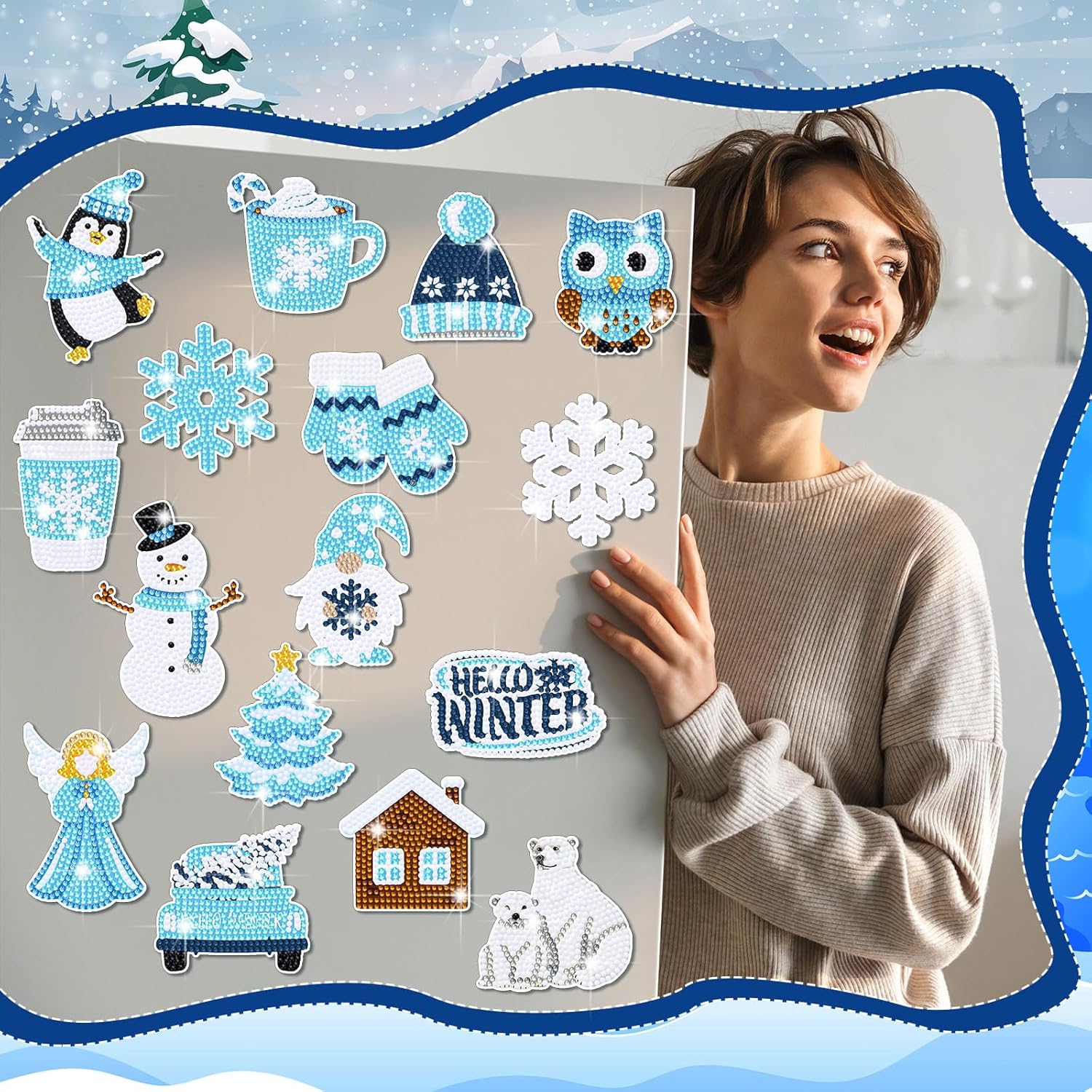 16 piezas de arte de diamantes de invierno para refrigerador, pintura de diamantes de Navidad, imanes de pingüino de invierno, copos de nieve,