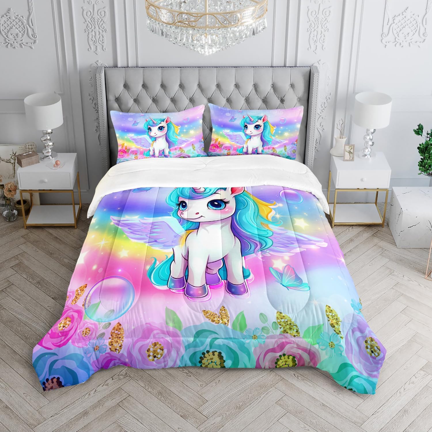 Juego de edredón de unicornio para niños, tamaño individual, matrimonialqueen, 3 piezas, diseño de mariposa, arco iris, flor, estrella, juego de