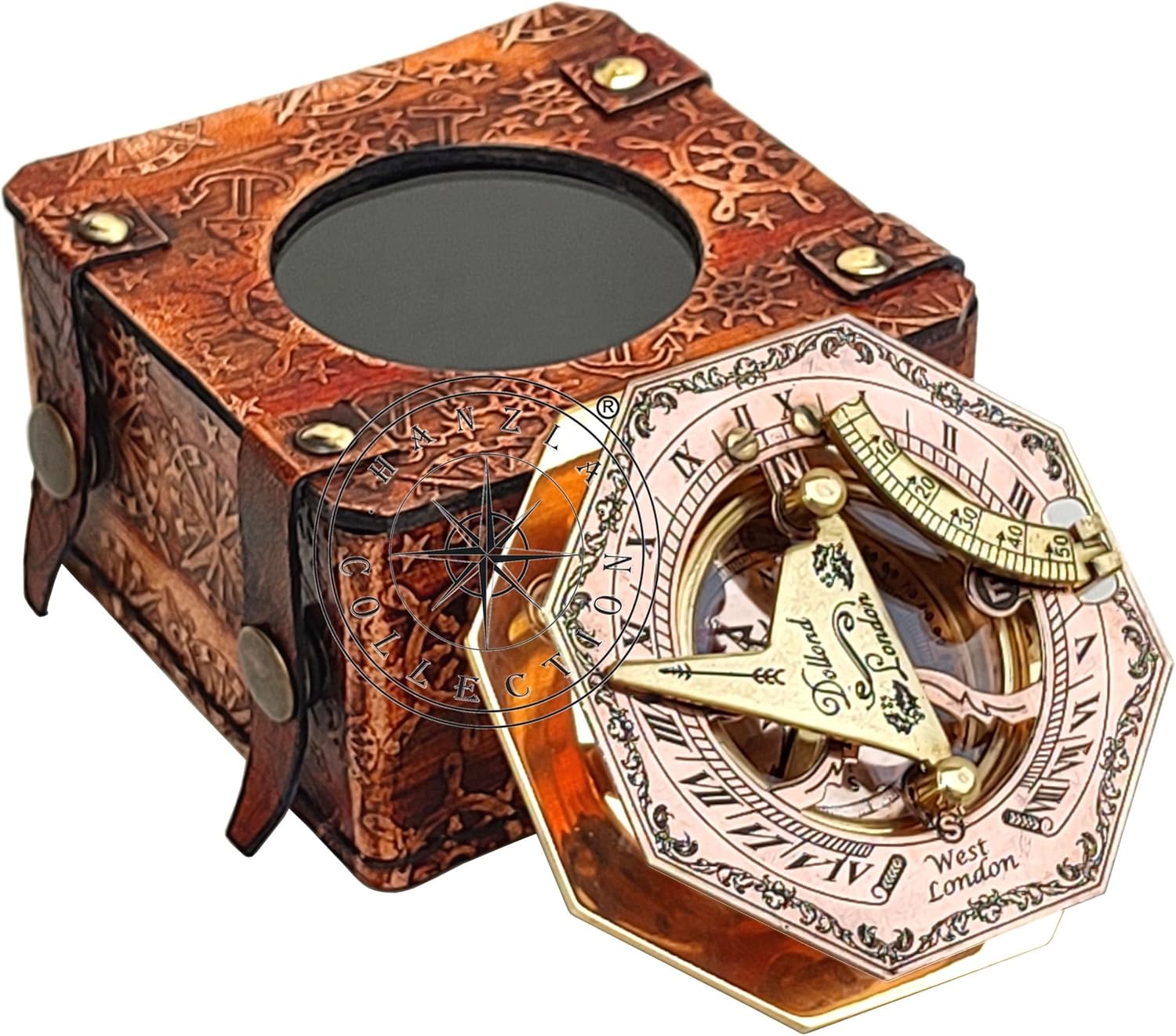 Brújula de reloj de sol de latón pulido y cobre, reloj de sol antiguo, reloj de sol en caja de cuero, regalo de réplica de barco