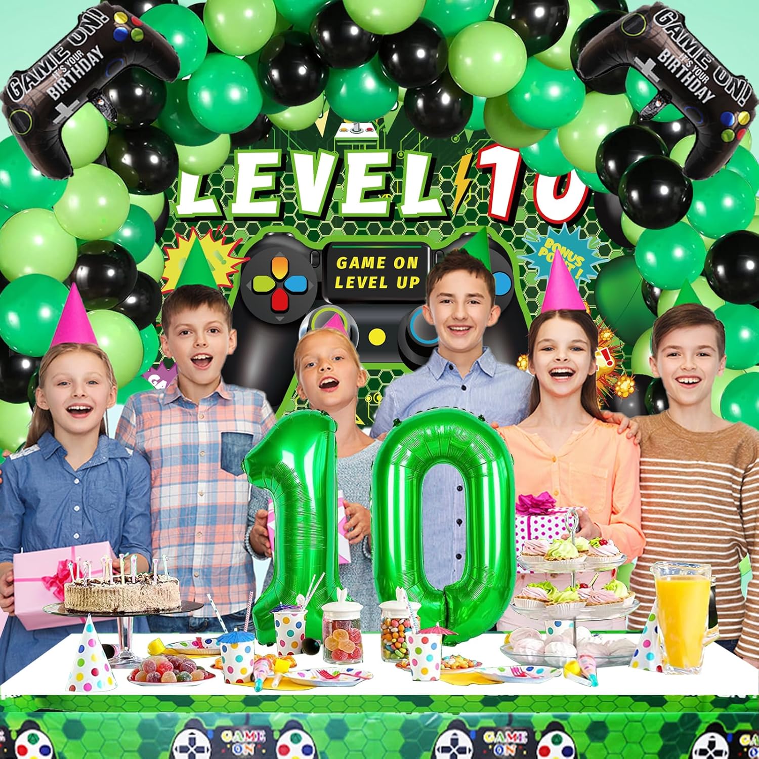 Vlipoeasn Juego de 90 decoraciones de fiesta de videojuegos de cumpleaños número 10 para niños, suministros verdes de 10 cumpleaños, telón de fondo