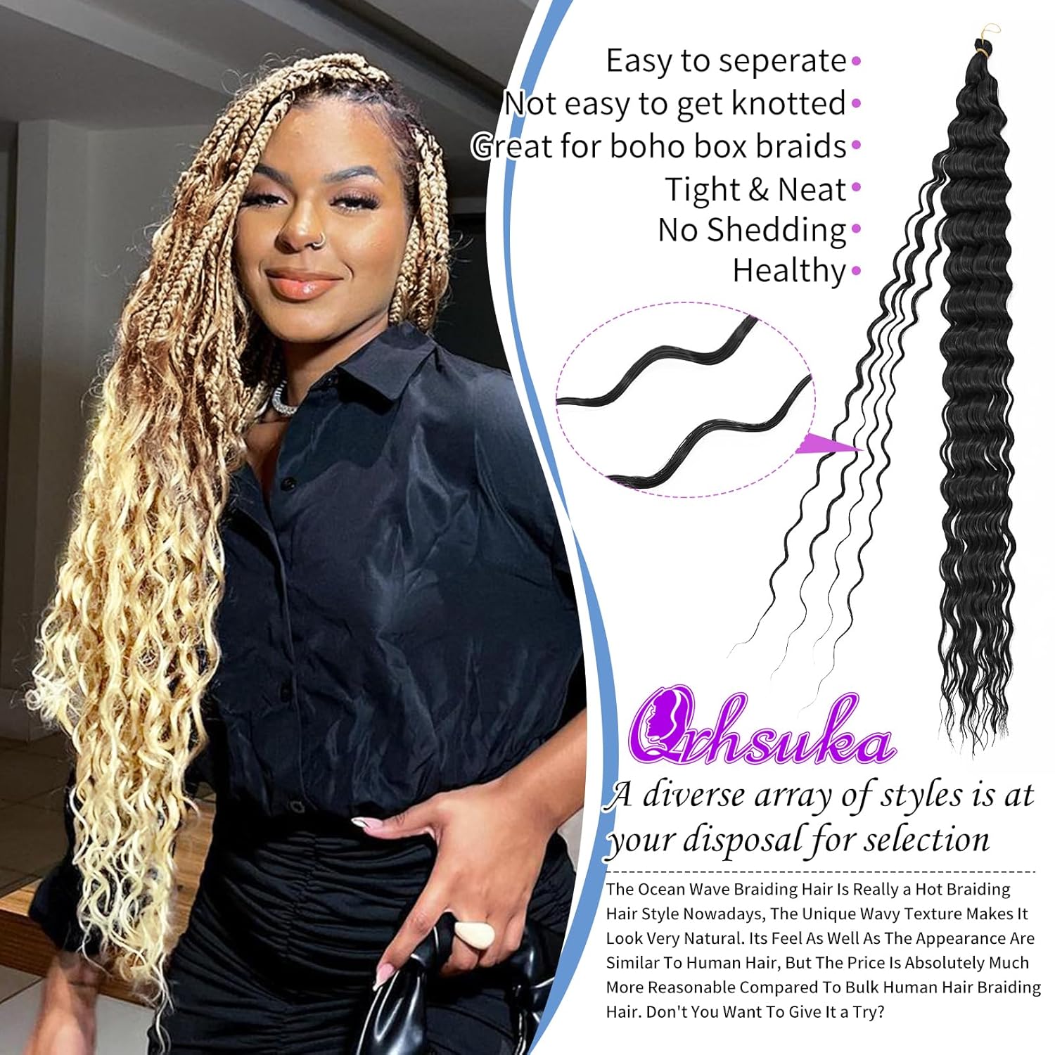 QRHSUKA Pelo de ganchillo Ocean Wave de 30 pulgadas, 7 paquetes de cabello rizado ondulado profundo para mujeres negras, trenzas de ganchillo