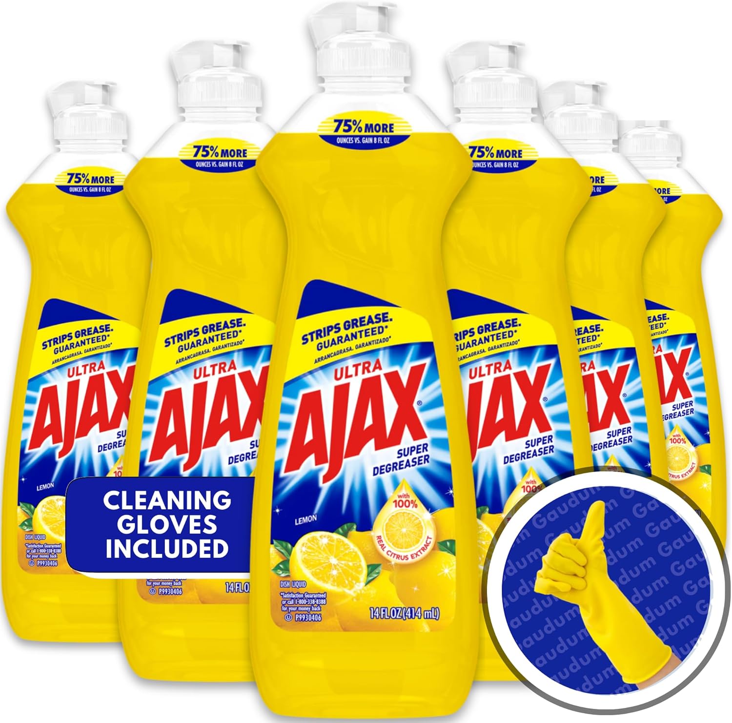 Ajax – Jabón para platos Ajax líquido para lavar platos, súper desengrasante, 14 onzas líquidas (limón, 6 unidades (paquete de 1), incluye tarjeta