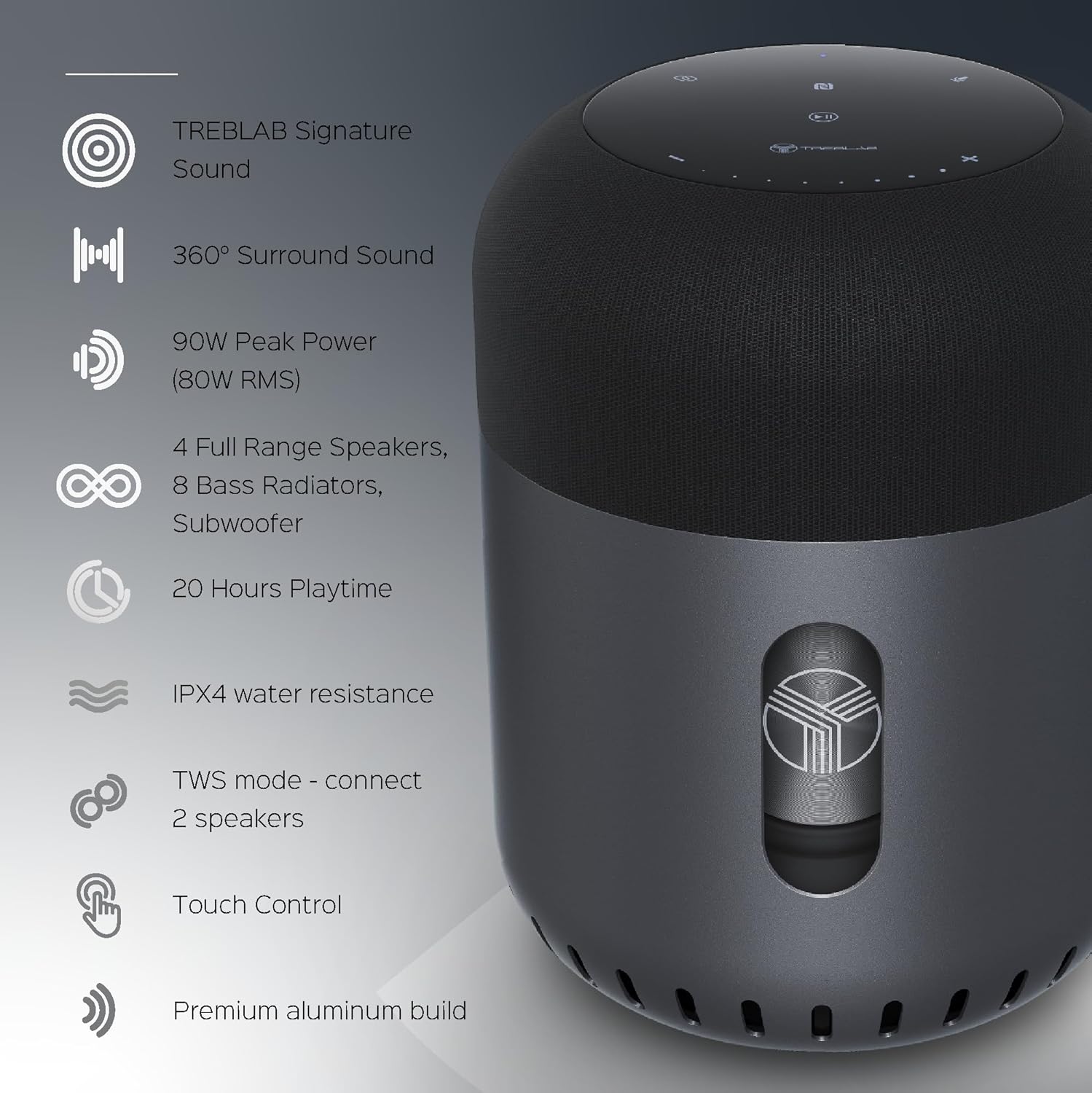 TREBLAB Altavoz Bluetooth portátil HD-360 – Potente sistema de 5 controladores con subwoofer y 8 radiadores de graves, sonido envolvente de 360 ,