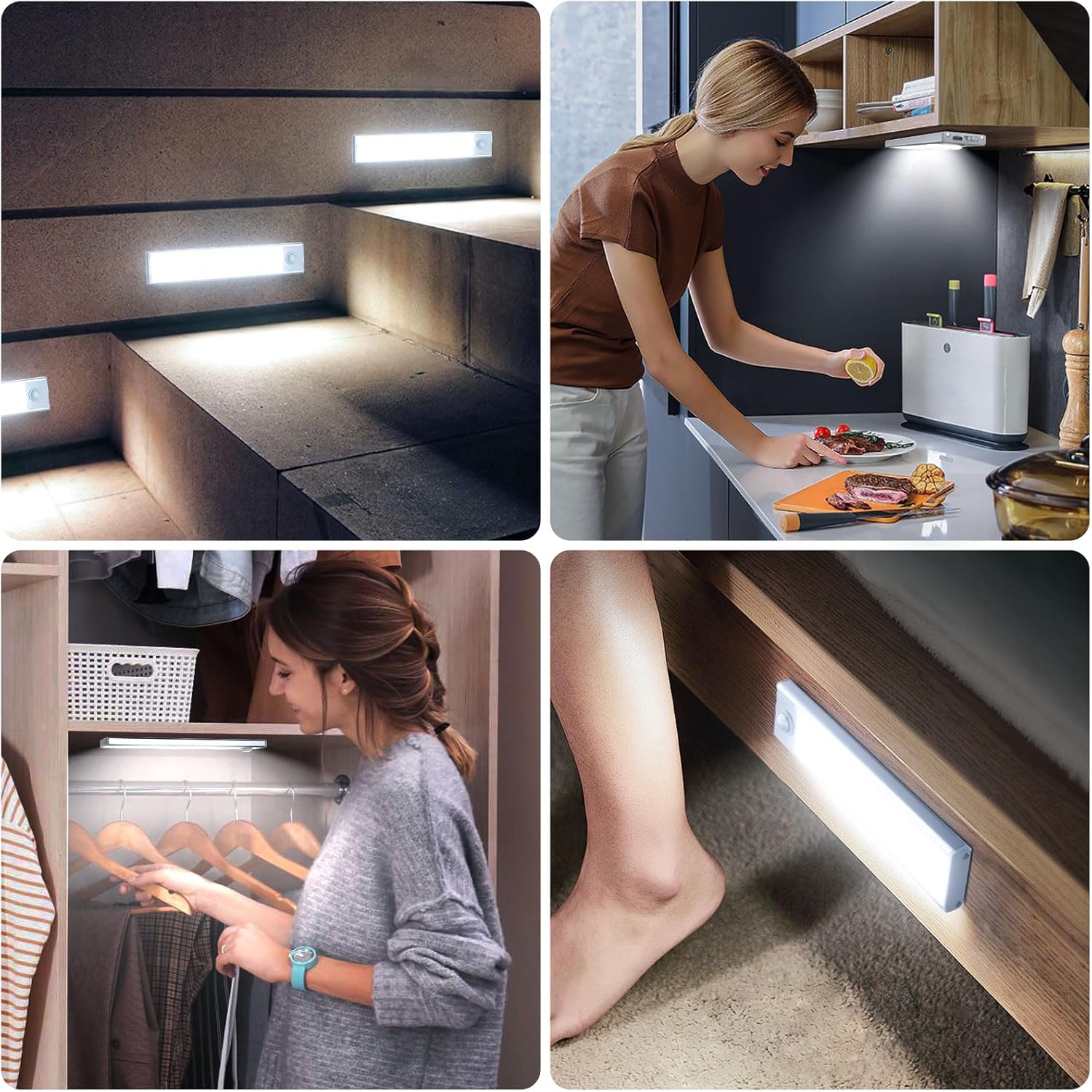 Luces para debajo del gabinete, 30 luces LED con sensor de movimiento para interiores, paquete de 6 luces inalámbricas recargables por USB para