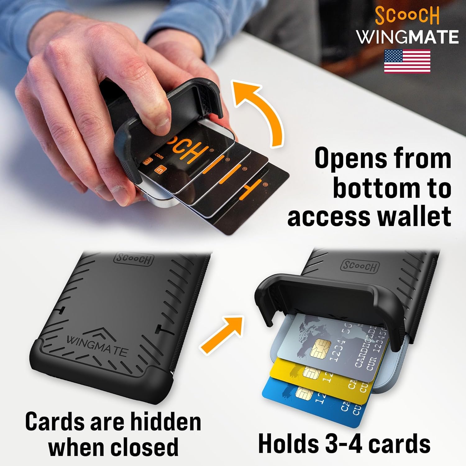 Scooch Wingmate – Funda para iPhone 14 con tarjetero y ranura oculta para tarjetas y protección RFID, capacidad para hasta 4 tarjetas, protección