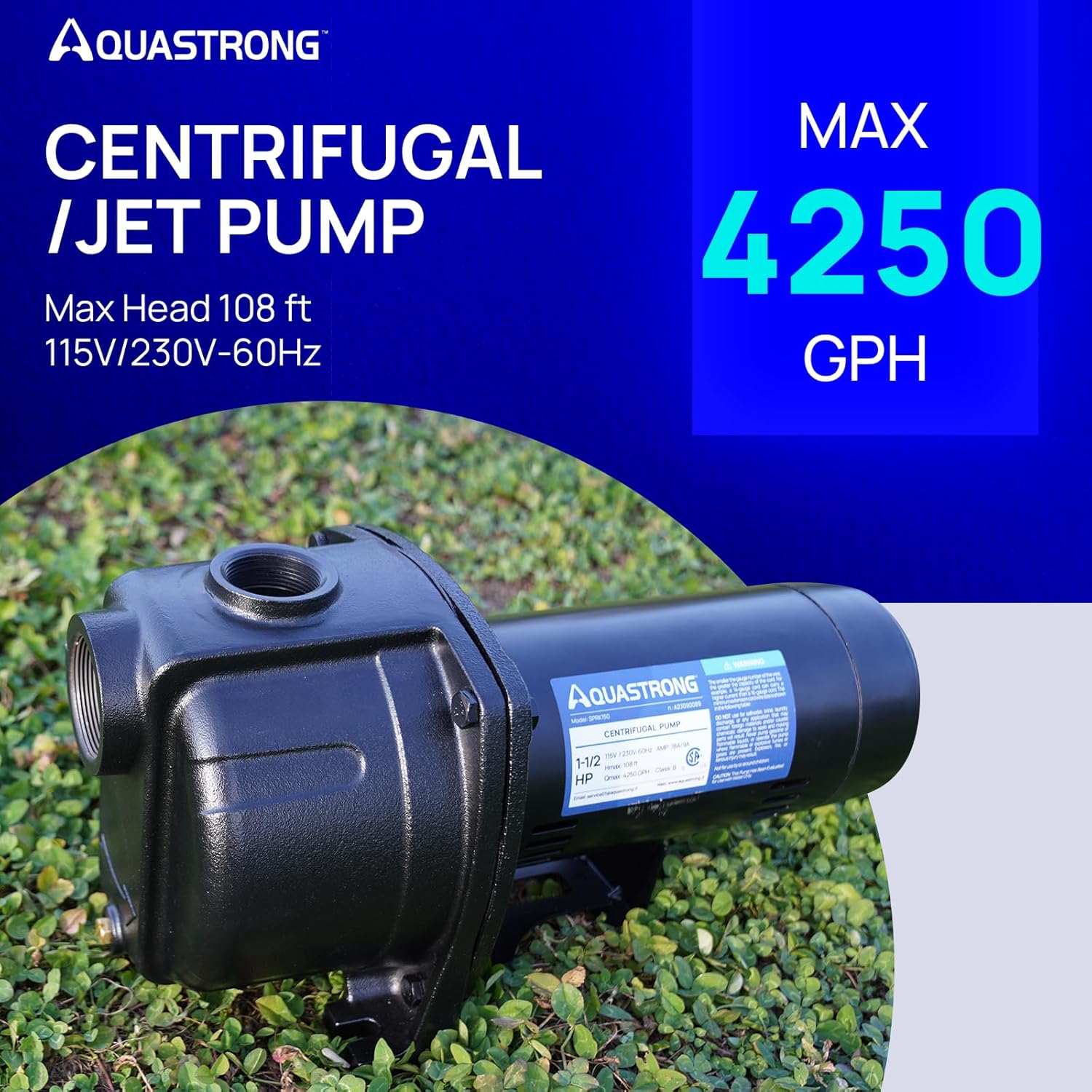 AQUASTRONG Bomba centrífugade chorro de 1.5 HP, 4250 GPH, 115230 V, bomba de hierro fundido duradera para riego y aspersor de césped