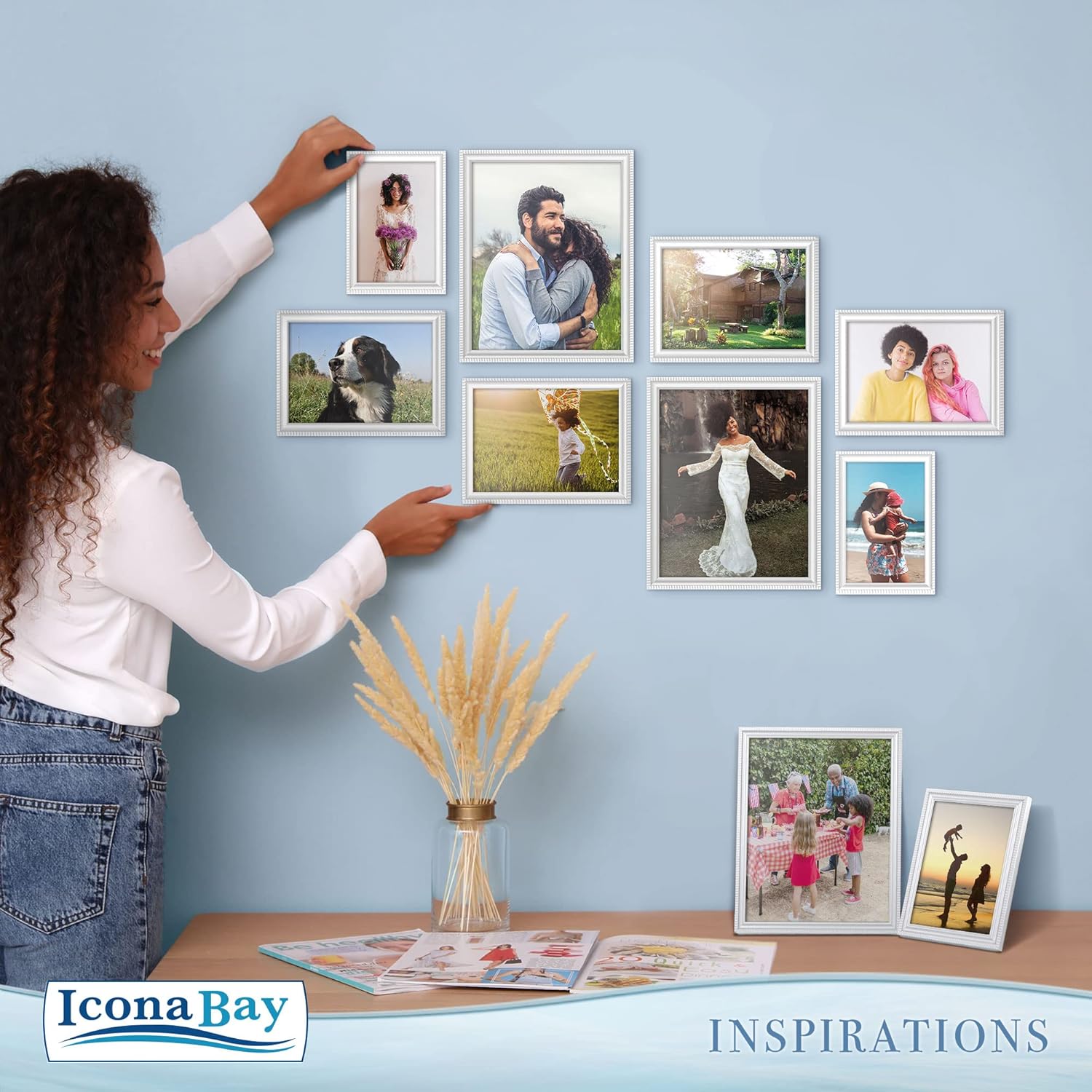 Icona Bay – Portarretratos blanco de 5 x 7 pulgadas, moldura bellamente detallada, contemporáneo, montaje en pared o mesa, colección Inspirations