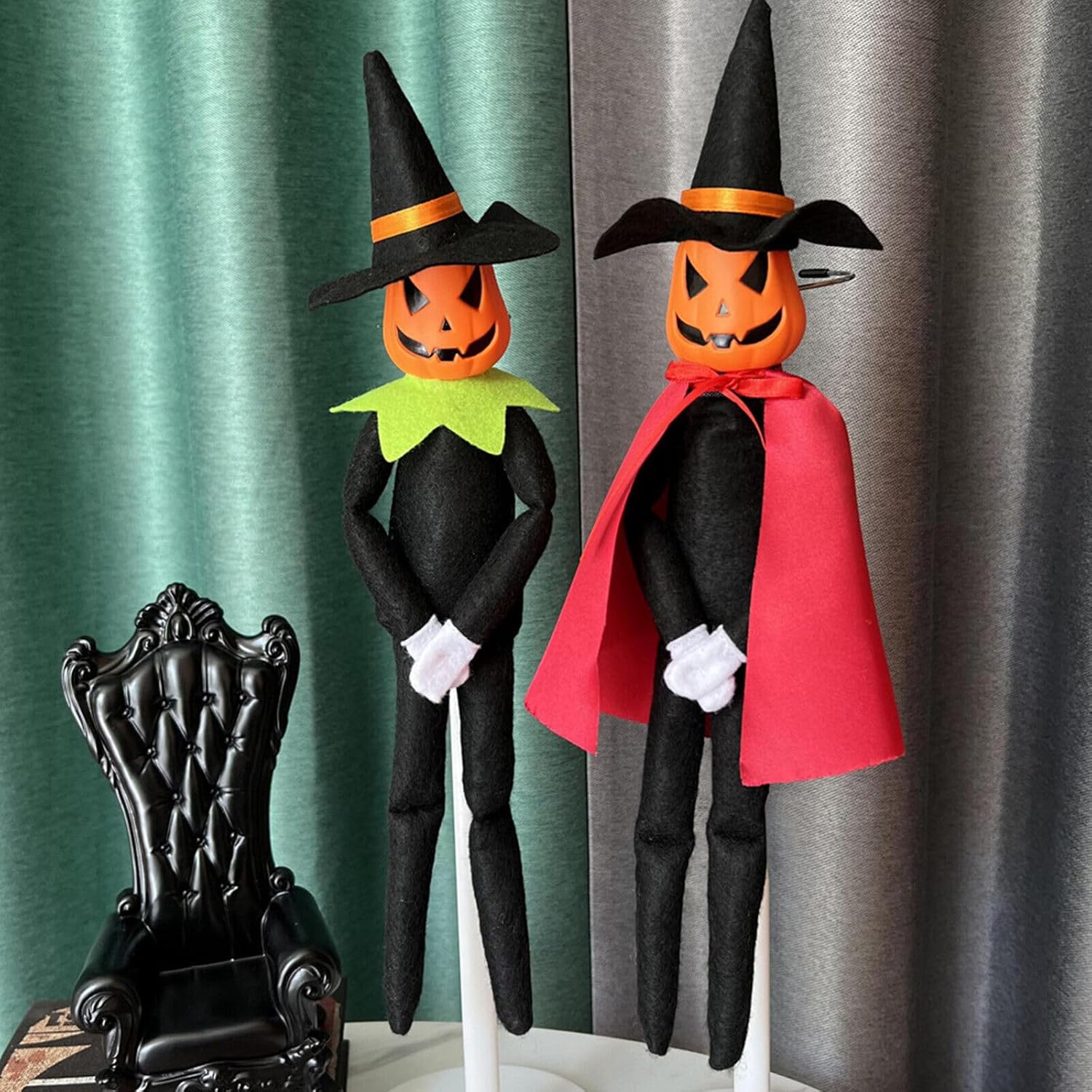 Muñeco de peluche de calabaza de Halloween de 14 pulgadas, hecho a mano con sombrero negro, guantes blancos, vestidos y capa para Halloween y