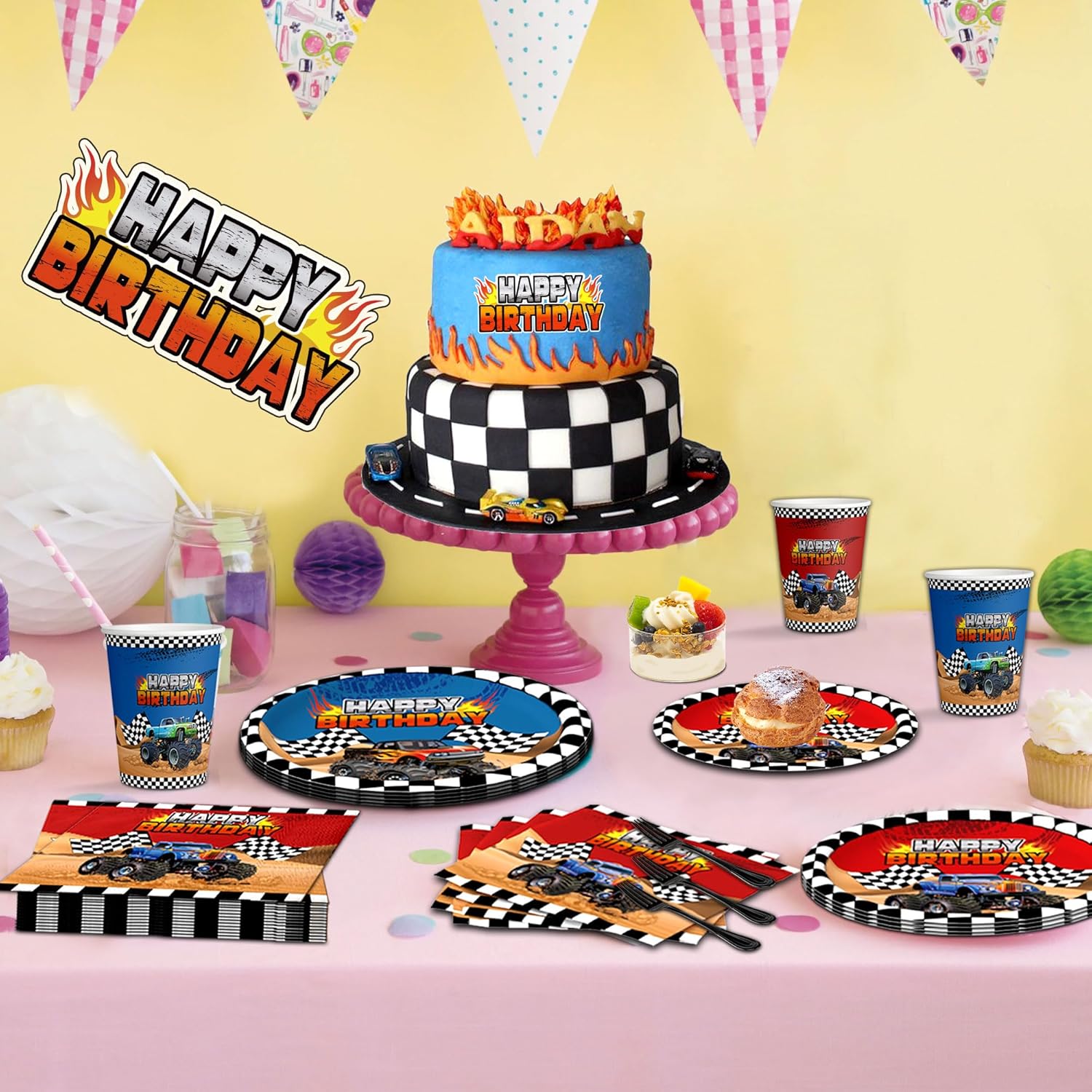 120 piezas de decoración de fiesta de cumpleaños para camiones, suministros para 24 platos grandes para camiones y servilletas, tenedores, autos de