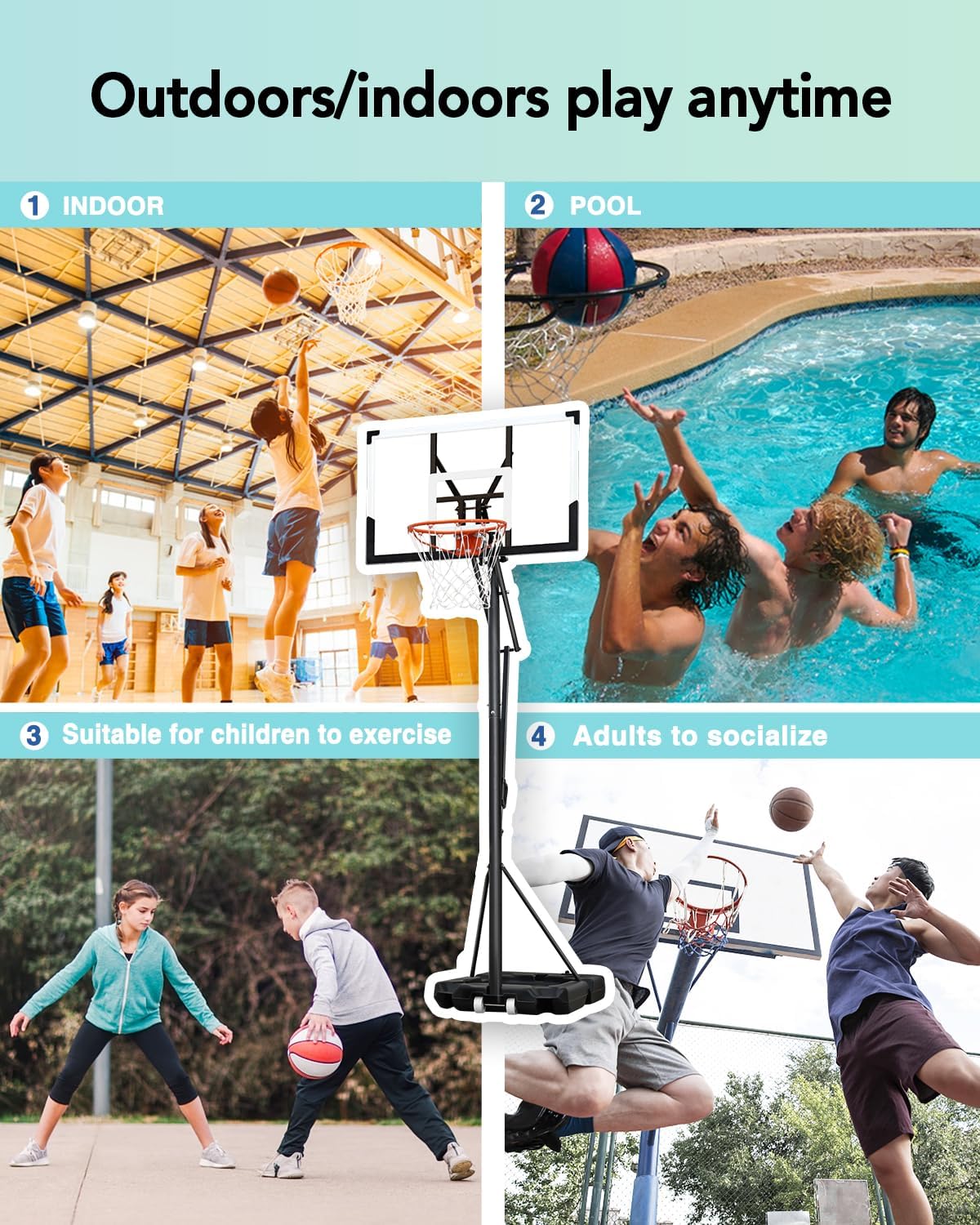 Basketball Hoop with 4.8-10 FT Height Adjustable for KidsAdults, Portable Basketball Hoop Outdoor with 44 Inch Backboard and 2 Wheels for