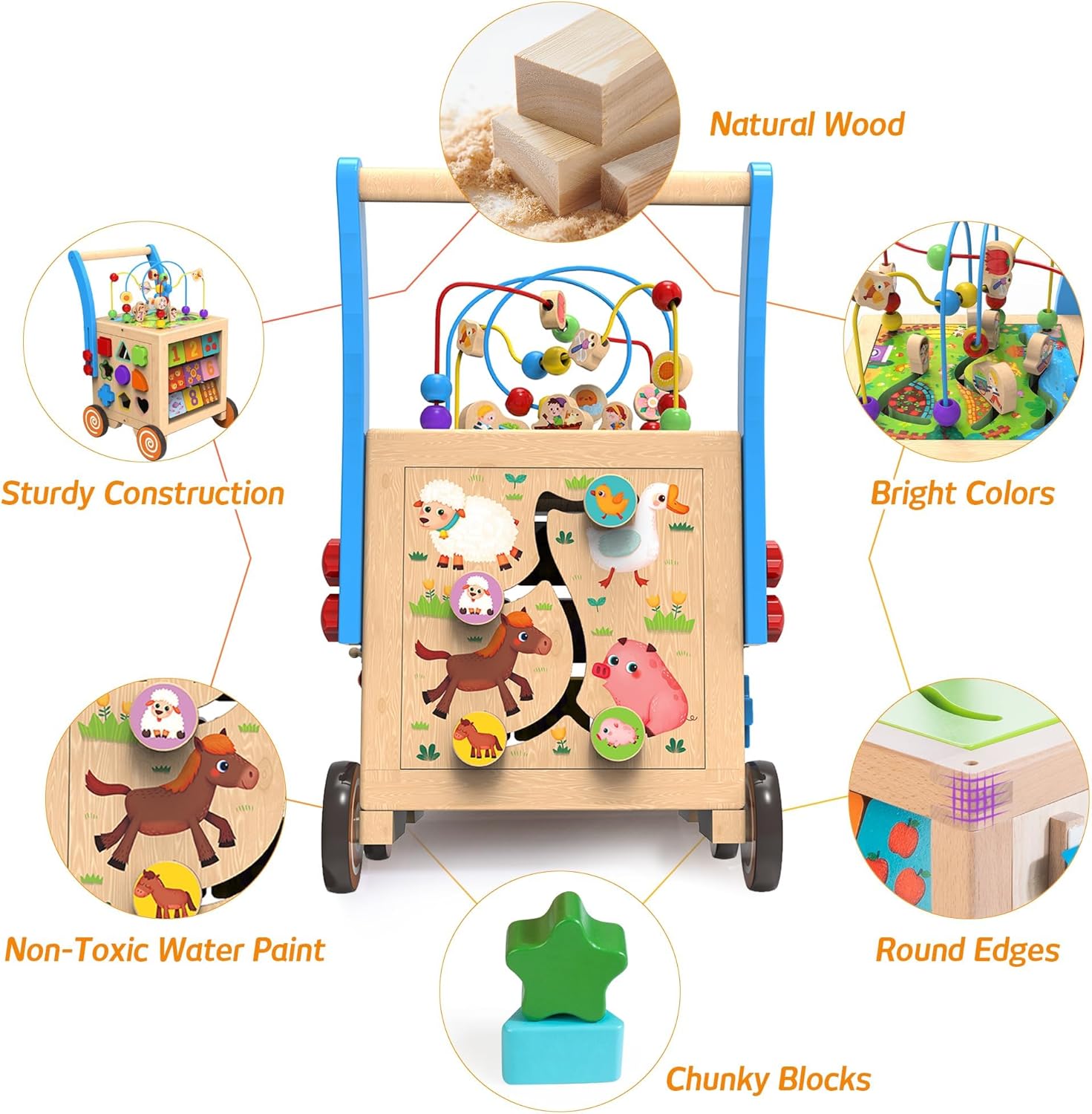 Andador de madera para bebés  Cubo de actividades de madera 9 en 1, centro de actividades de aprendizaje sentado a pie, juguetes educativos
