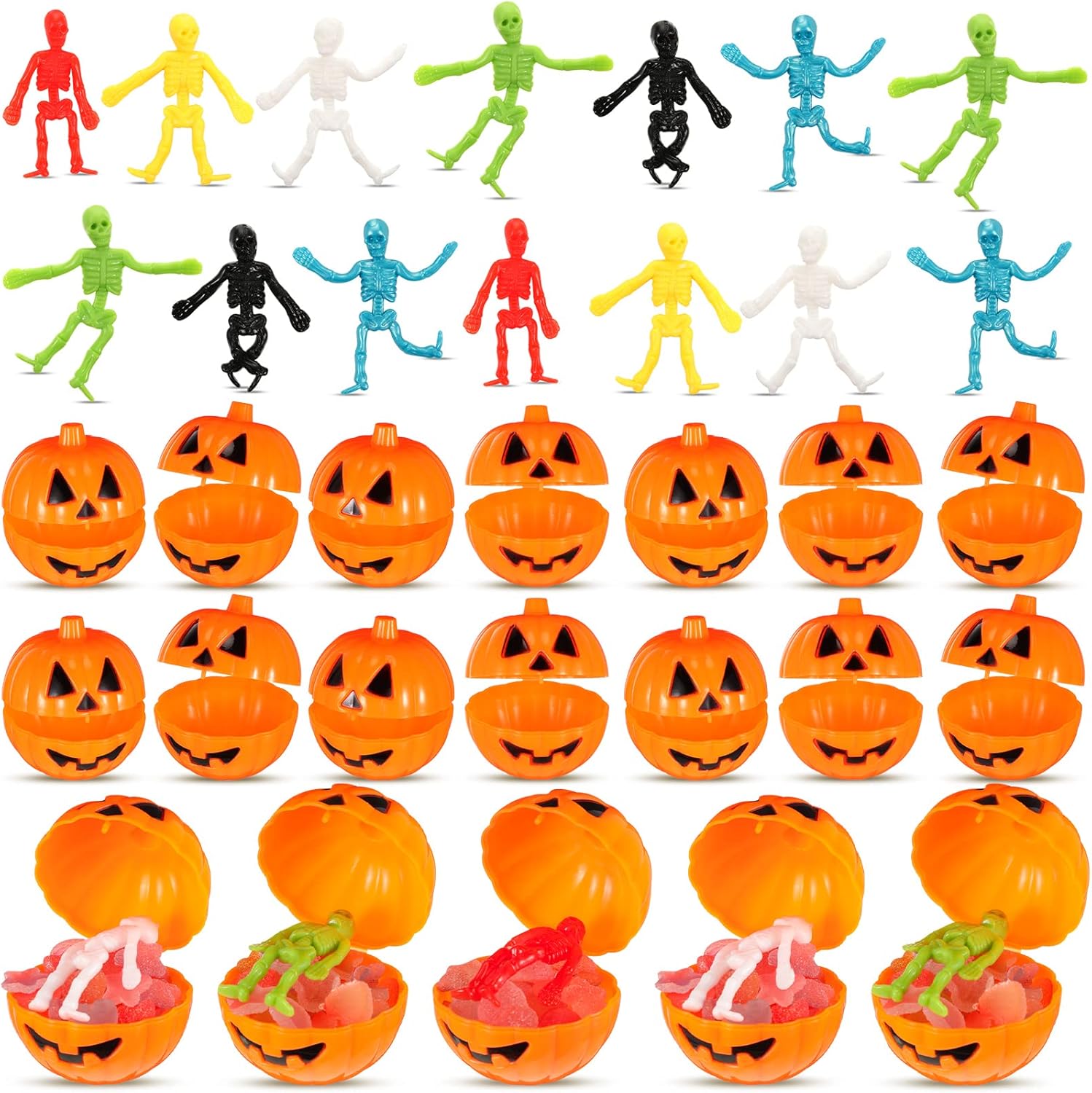 96 cajas de dulces de calabaza de Halloween con juguetes elásticos, contenedores de golosinas de calabaza, cajas de regalo de dulces de calabaza con