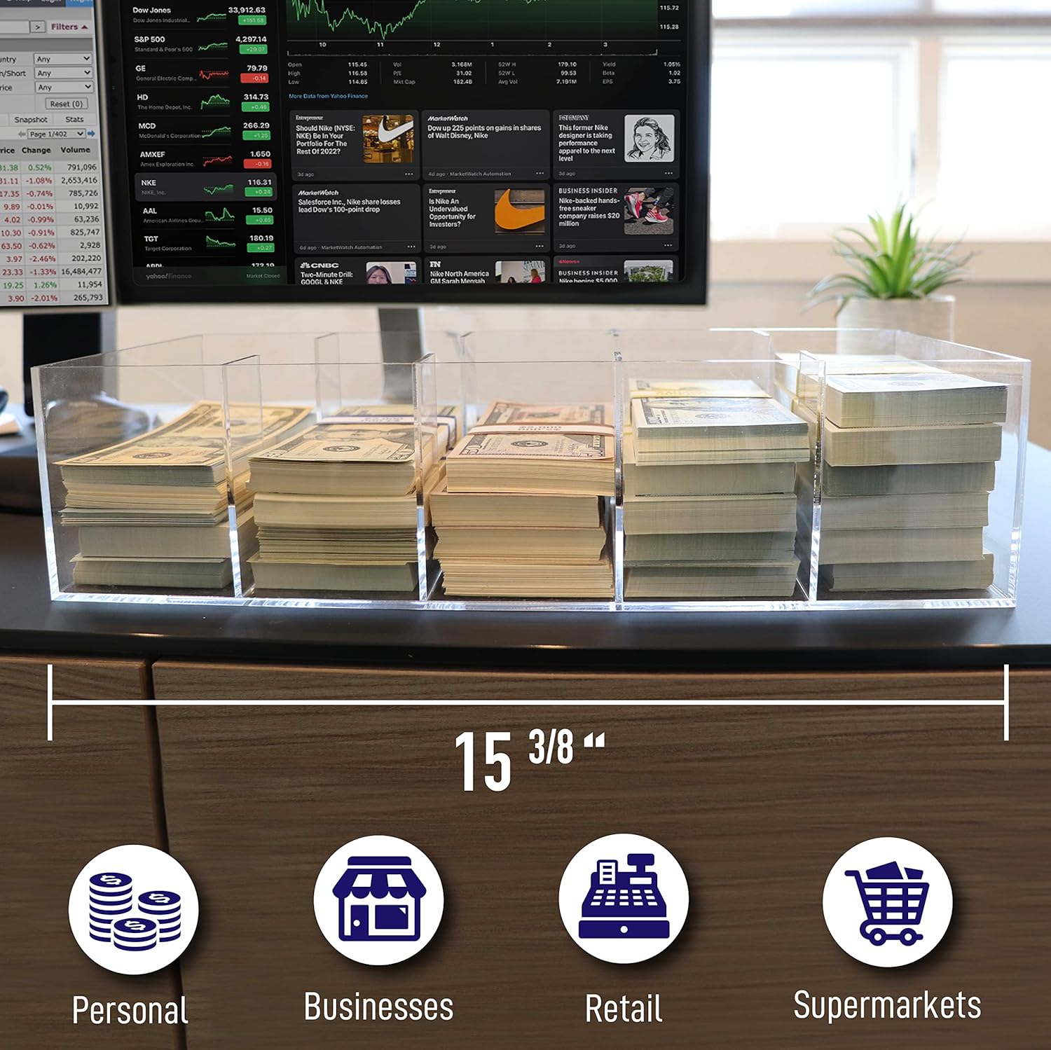 Bandeja transparente para monedas, organizador de efectivo de 5 compartimentos, caja de almacenamiento de dinero, 300 envoltorios de monedas