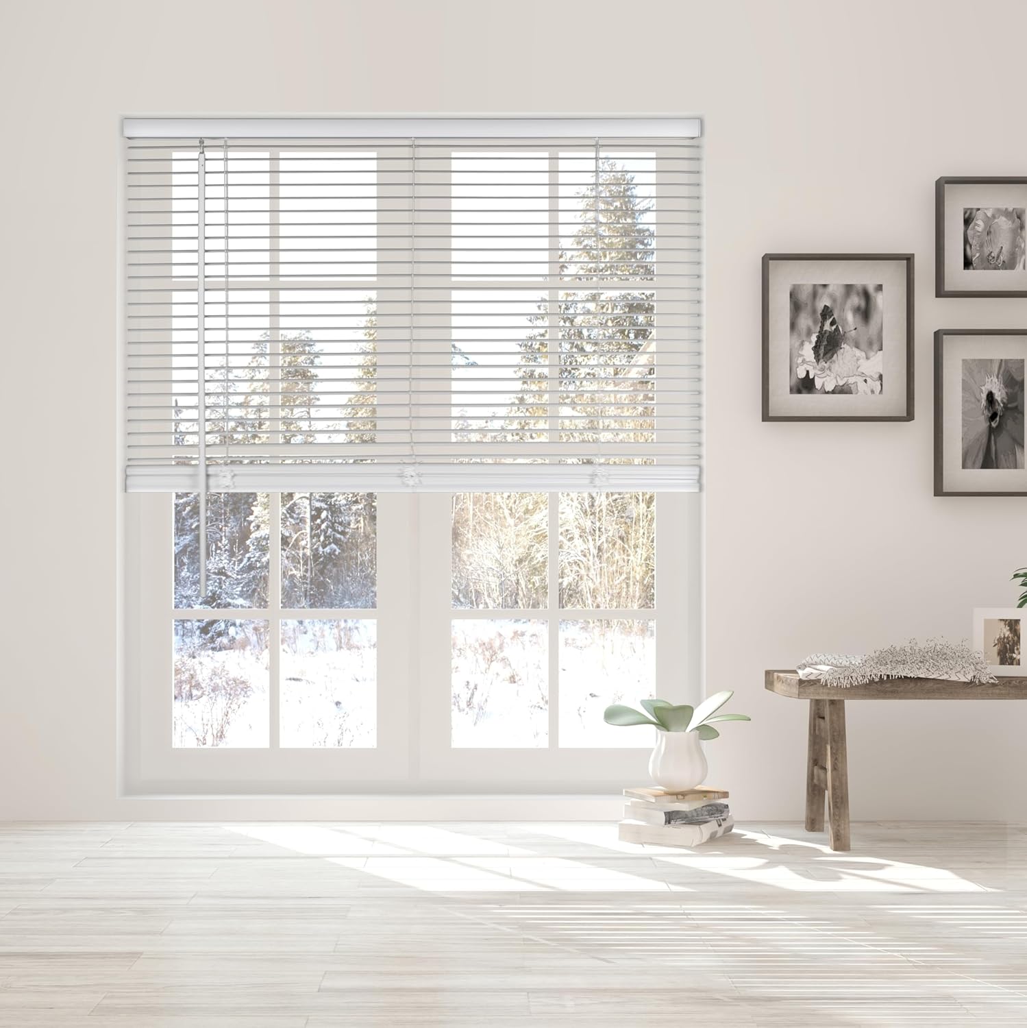 Calyx Interiors – Persianas de tamaño mini de vinilo y sin cordón, de 1 pulgada, color blanco, 22.5 pulgadas de ancho x 73 pulgadas de alto
