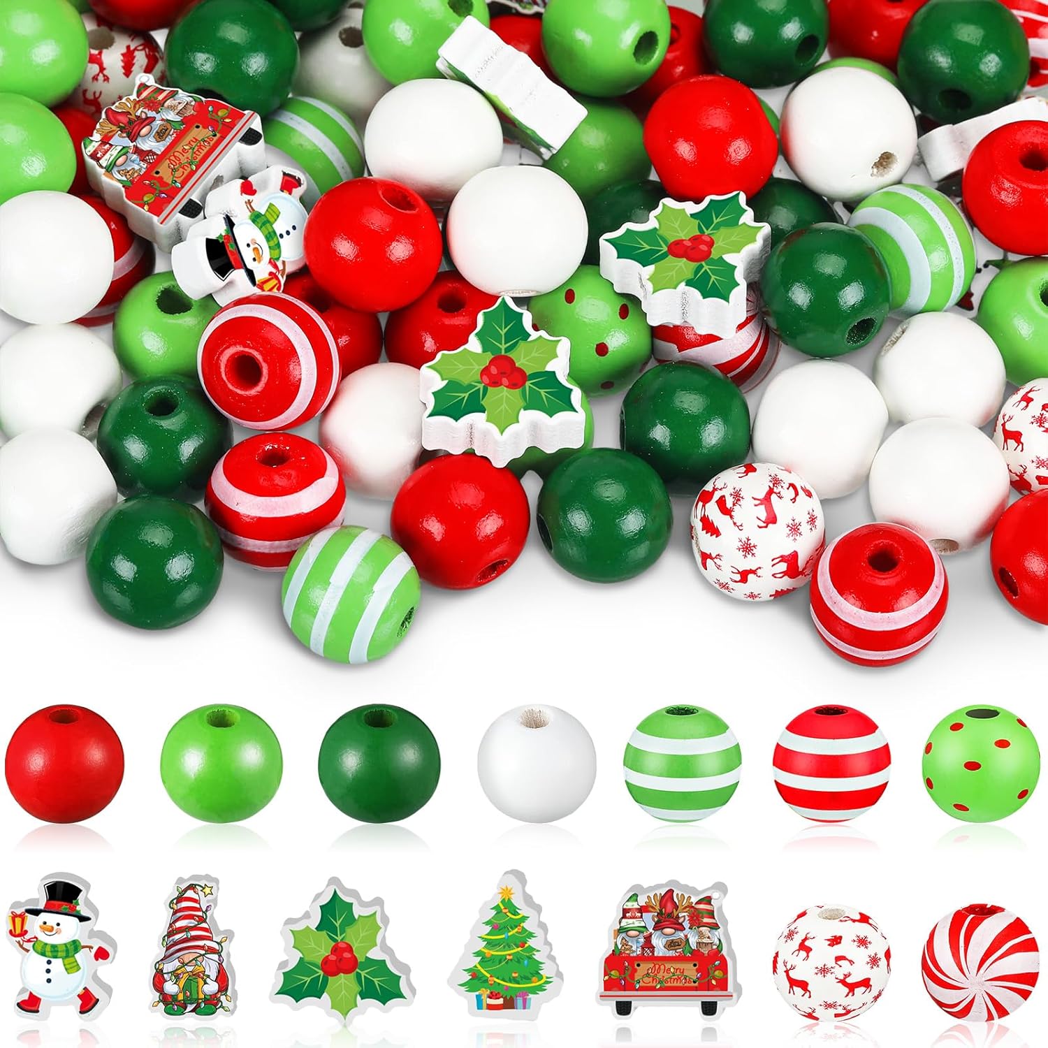 FairySandy 240 cuentas de madera de Navidad para manualidades, cuentas de madera para manualidades, 0.63 pulgadas, colgantes, rojo, verde, blanco,
