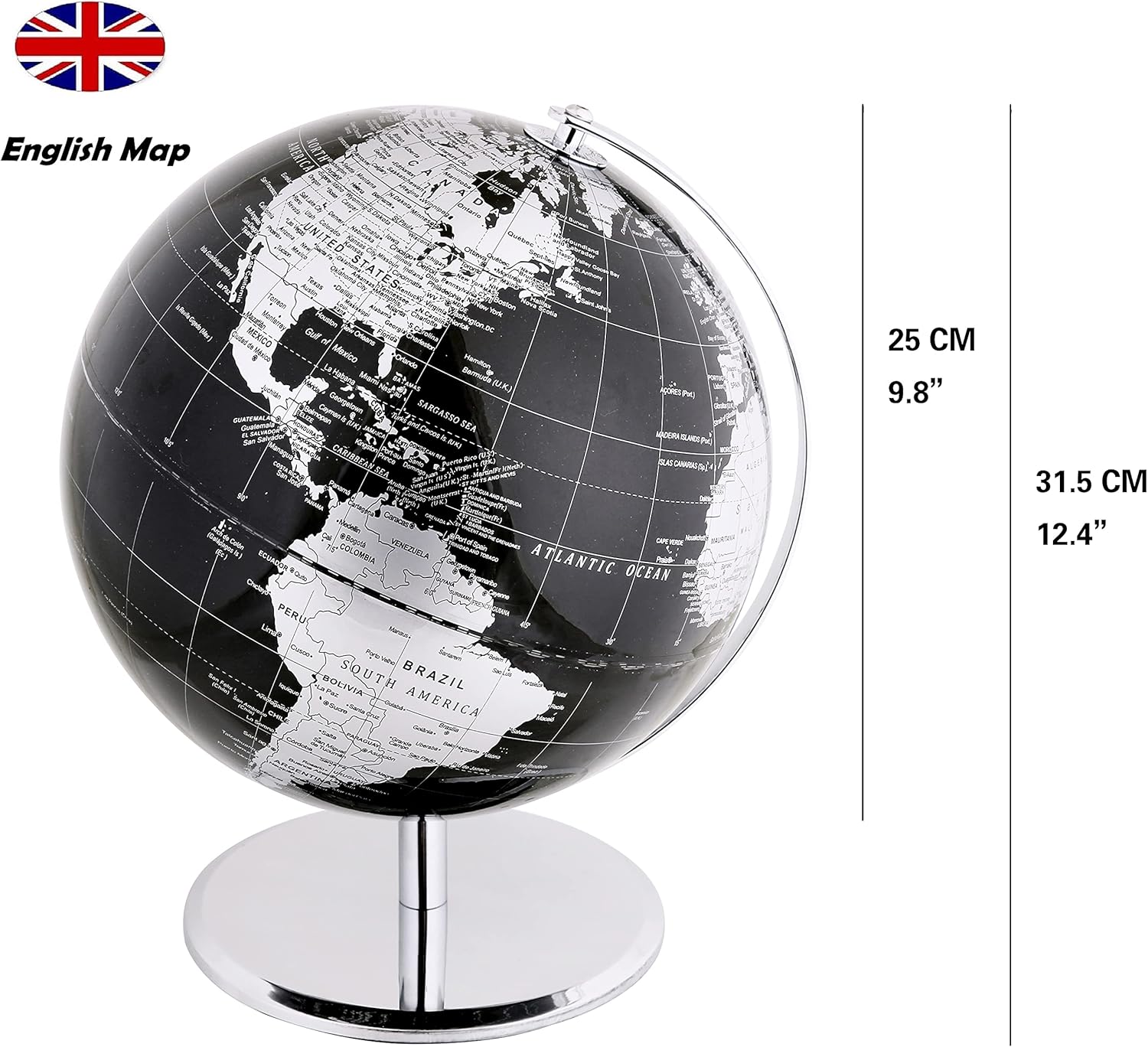 Exerz Globo del mundo de 10 pulgadas, arco y base de acero inoxidable, decoración educativageográficamoderna de escritorio, color negro metálico