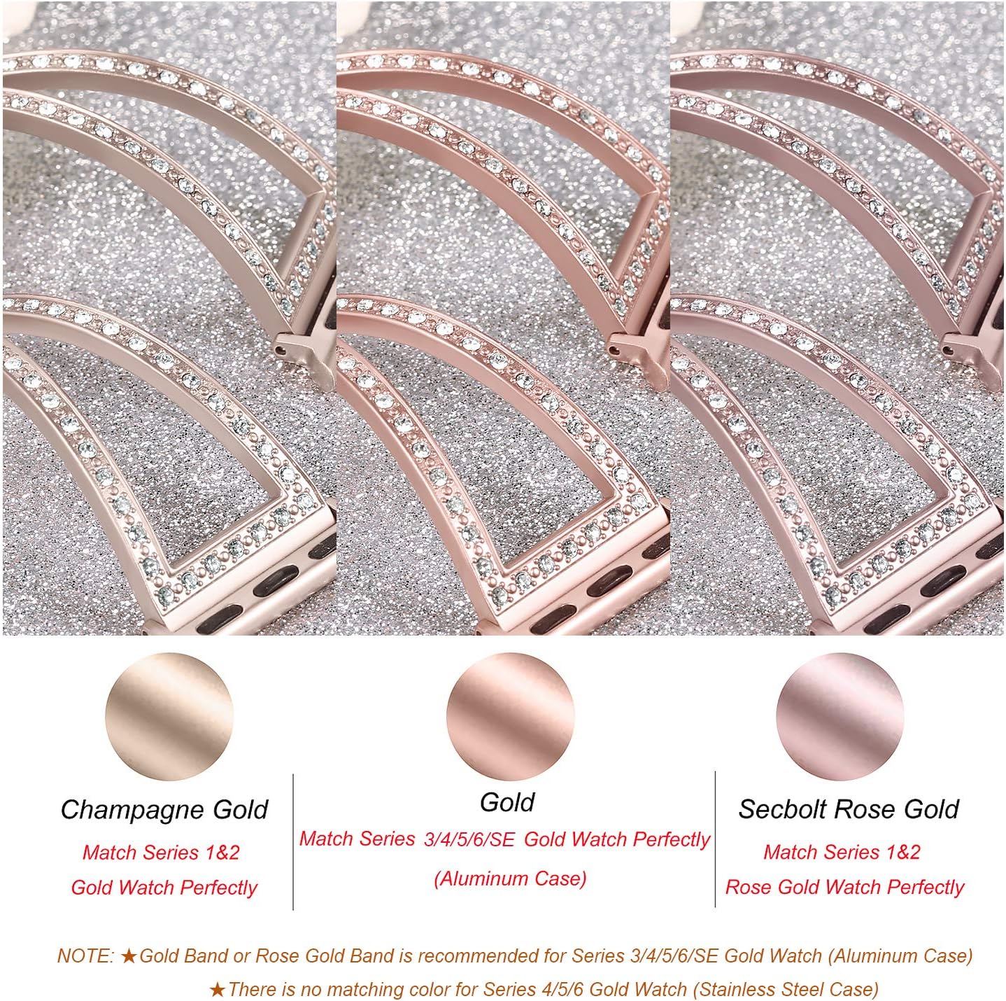 Secbolt Correas brillantes compatibles con correas de Apple Watch de 1.496 pulgadas, 1.575 pulgadas, 1.614 pulgadas, 1.654 pulgadas, 1.732 pulgadas,