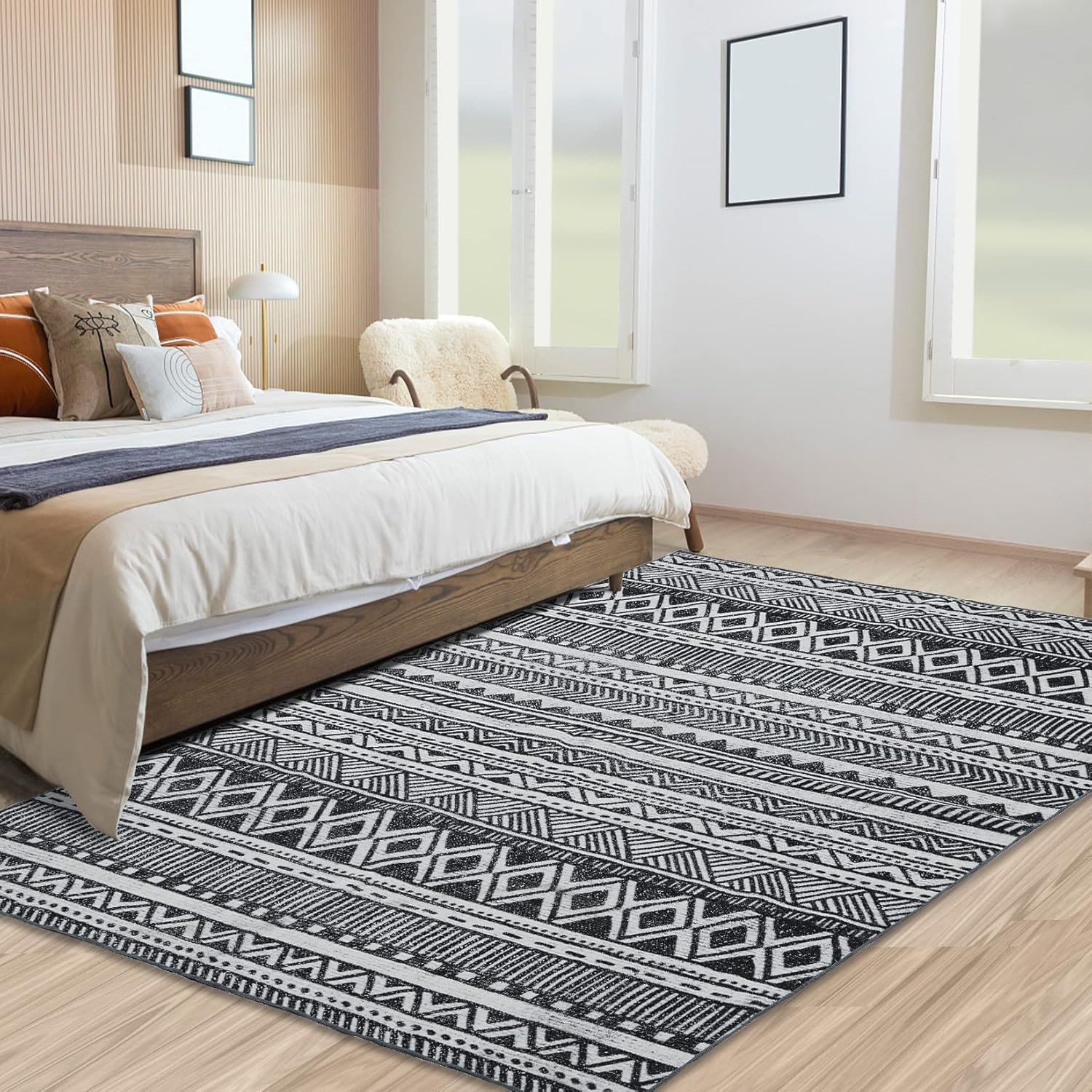 Alfombra bohemia de 5 x 7 pies, lavable a máquina, moderna, de diamante, envejecida, plegable, para mesa de café, decoración de mesa de comedor,