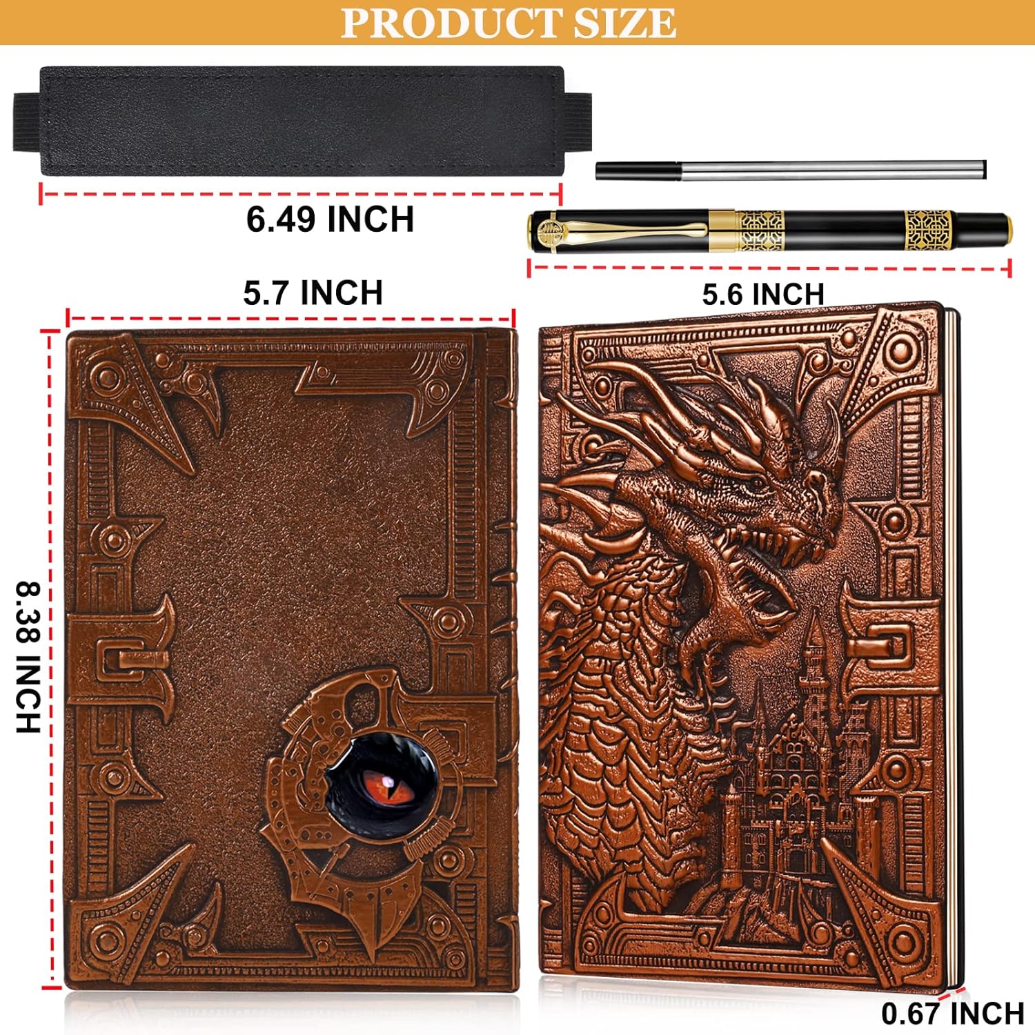 DND – Cuaderno de dragón de cuero en relieve 3D, diario de viaje vintage A5 con funda para bolígrafo y bolígrafo, diario diario diario hecho a mano