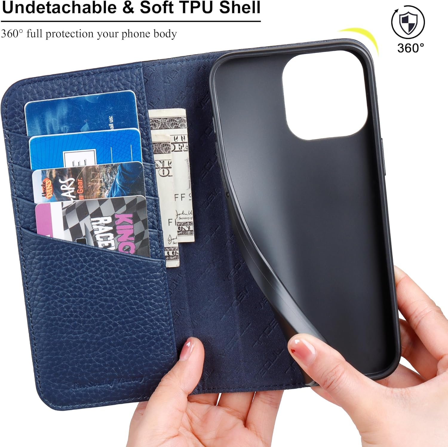 VISOUL Pebbled – Funda de piel auténtica para iPhone 15 Pro Max, funda tipo cartera con MagSafe y soporte para tarjetas, funda magnética con función