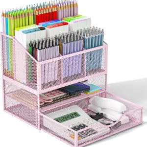 Surdy – Organizador de escritorio de suministros de arte rosa, organizador de lápices de malla para escritorio, organizador de marcadores grande con Surdy – Organizador de escritorio de suministros de arte rosa, organizador de lápices de malla para escritorio, organizador de marcadores grande con