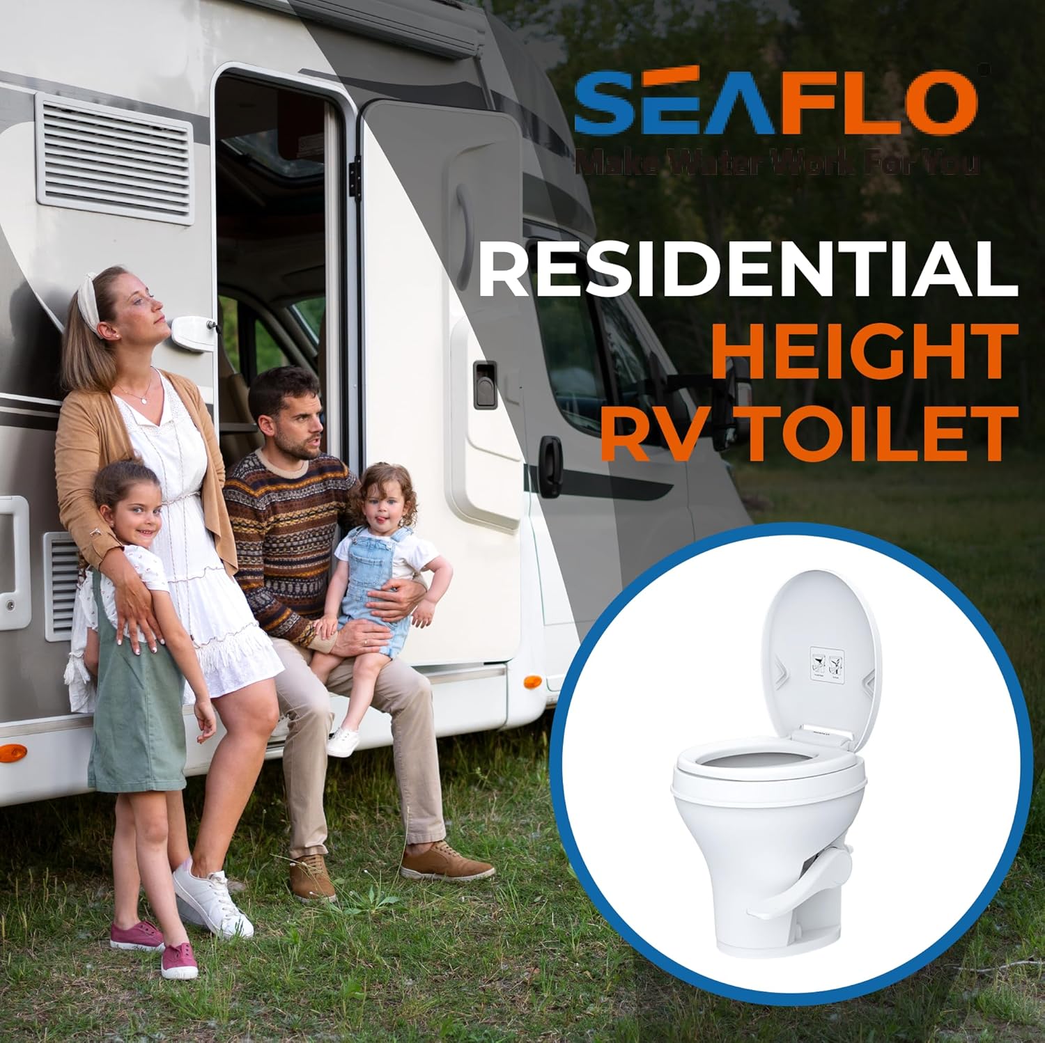 SEAFLO Inodoro RV – Altura estándar, descarga por gravedad, pedal de pie, tapa de cierre suave con accesorio rociador