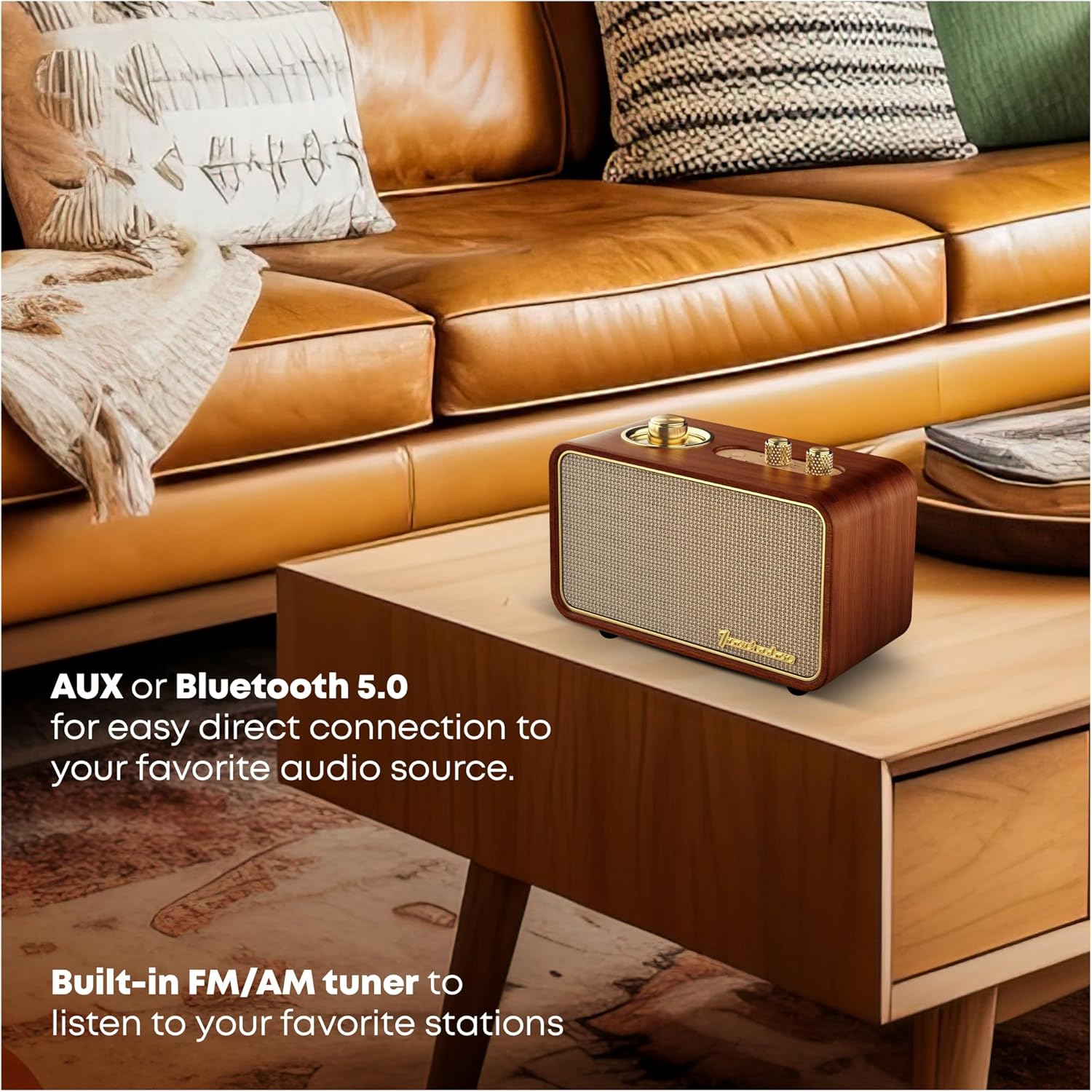 Artlink – Altavoz Bluetooth retro, altavoz inalámbrico Artlink Stero de madera de nogal, radio AMFM, pequeño altavoz Bluetooth vintage con conexión