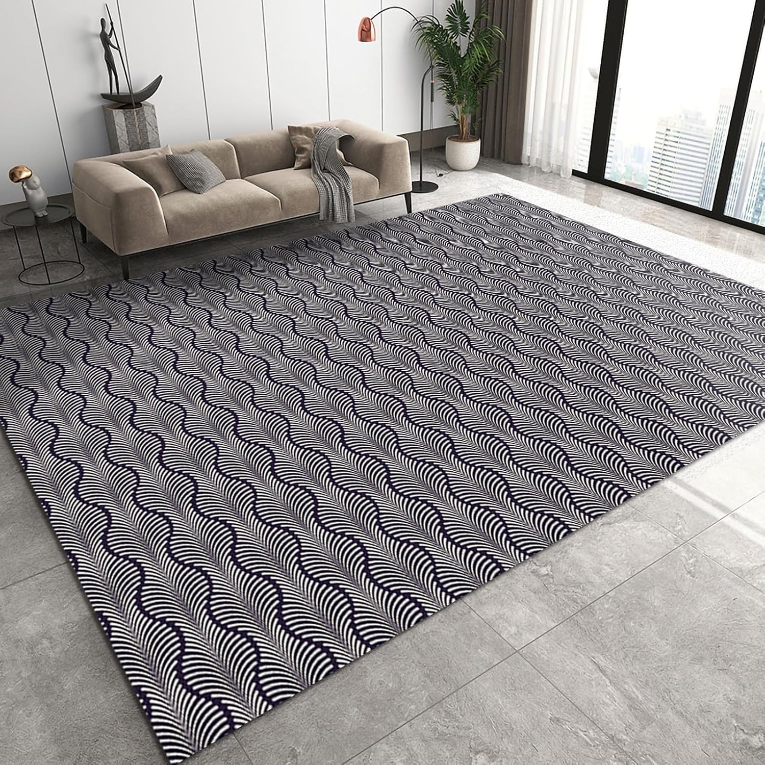 Alfombra gris creativa de líneas onduladas, exquisita arte simple, suave, lavable, alfombra de interior, fácil de limpiar, para mesita de noche,