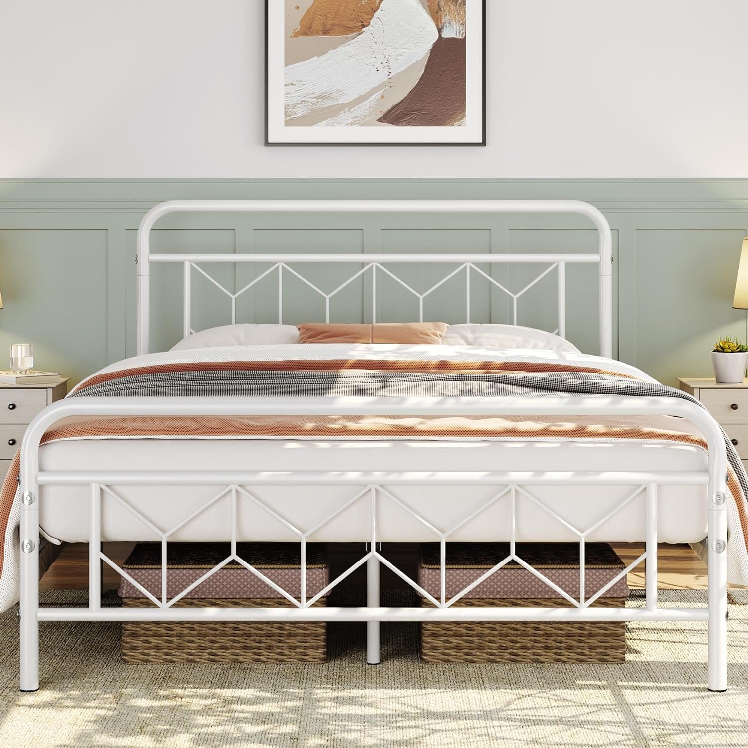 Topeakmart Base de cama Queen con base de cama de metal con cabecera de estilo vintage, base de colchón, no necesita somier, almacenamiento debajo