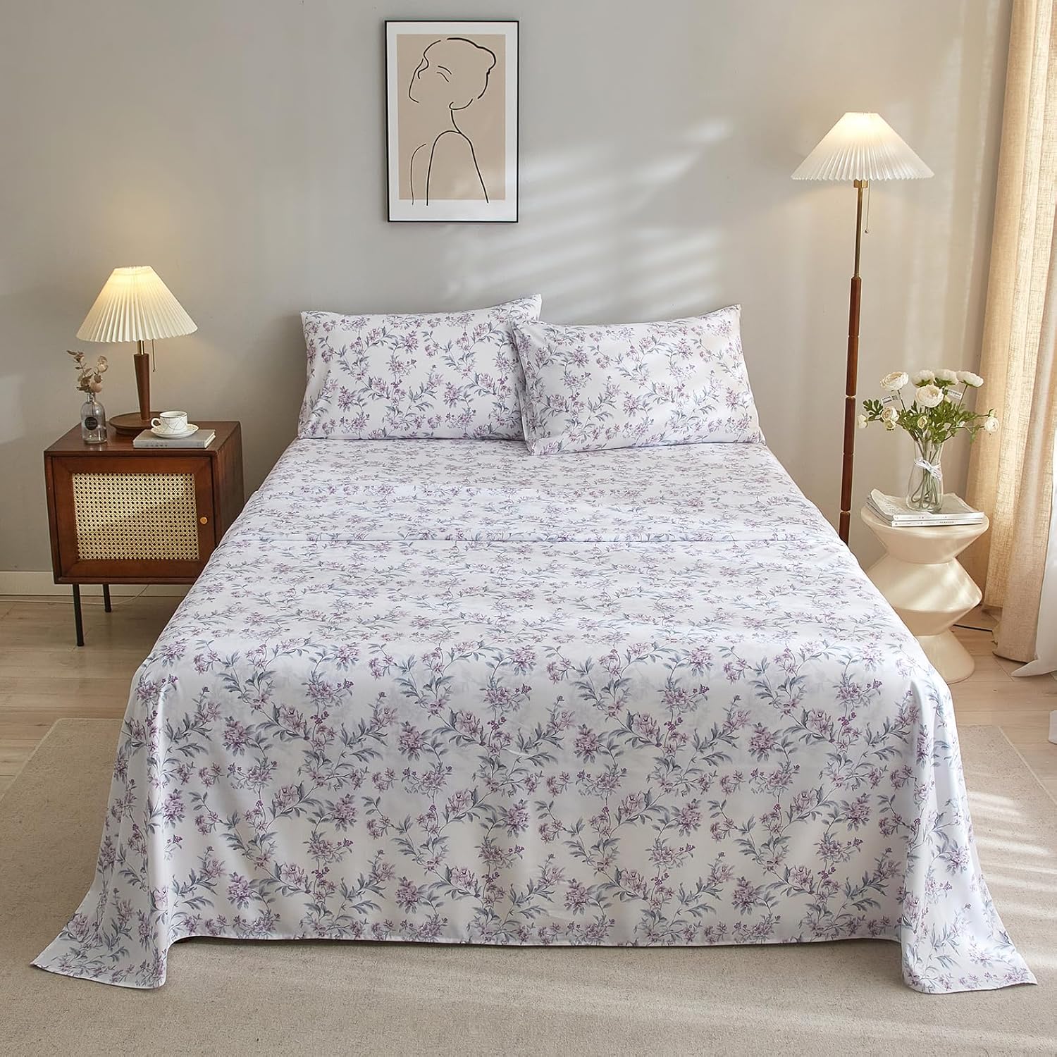 VClife Sábanas de microfibra suave con estampado floral, tamaño individual, color blanco, para niña, mujer, juego de sábanas de ramas florales