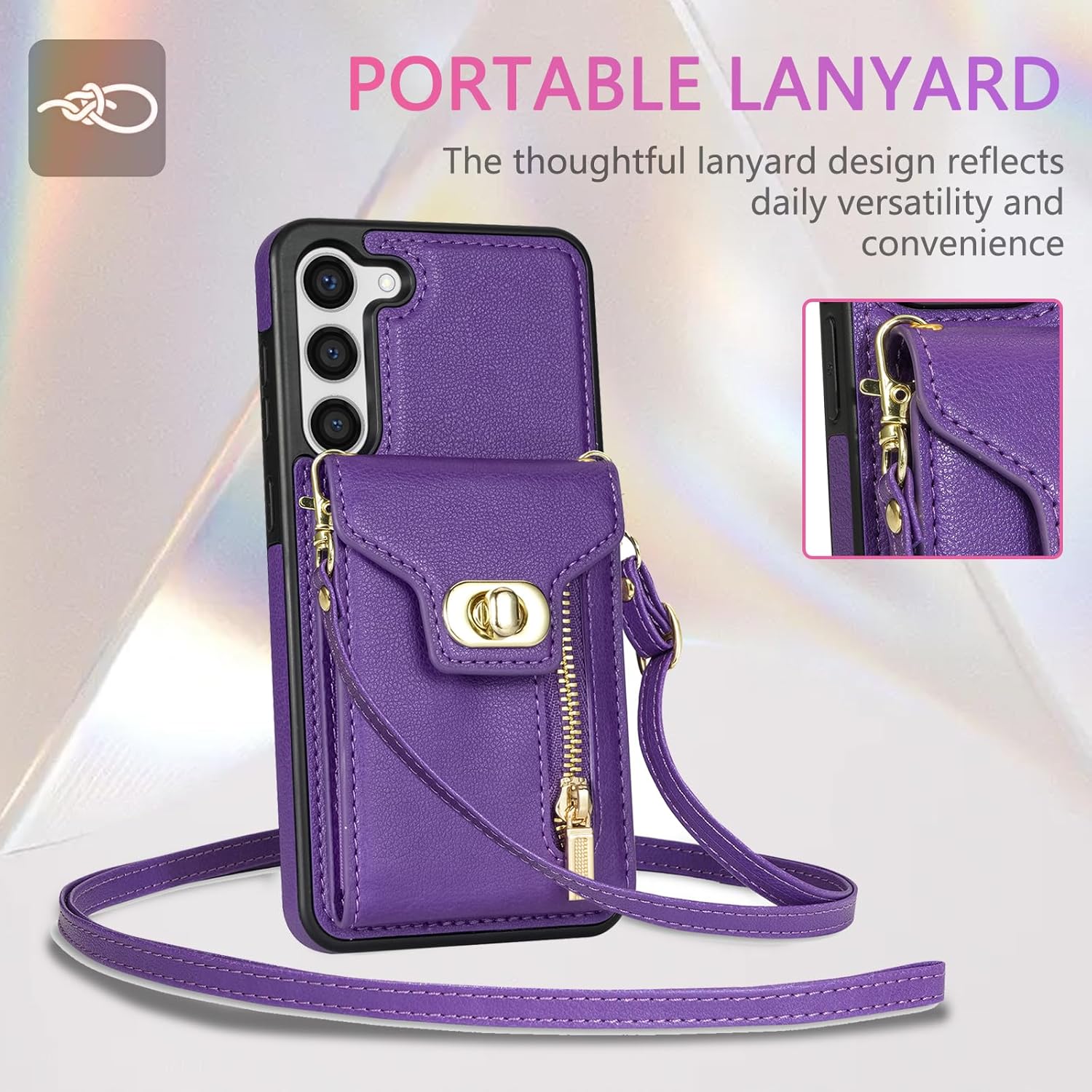 Asuwish Funda para teléfono Samsung Galaxy S23 5G con tarjetero para tarjeta de crédito, ranura con cremallera, correa cruzada, cordón, soporte de